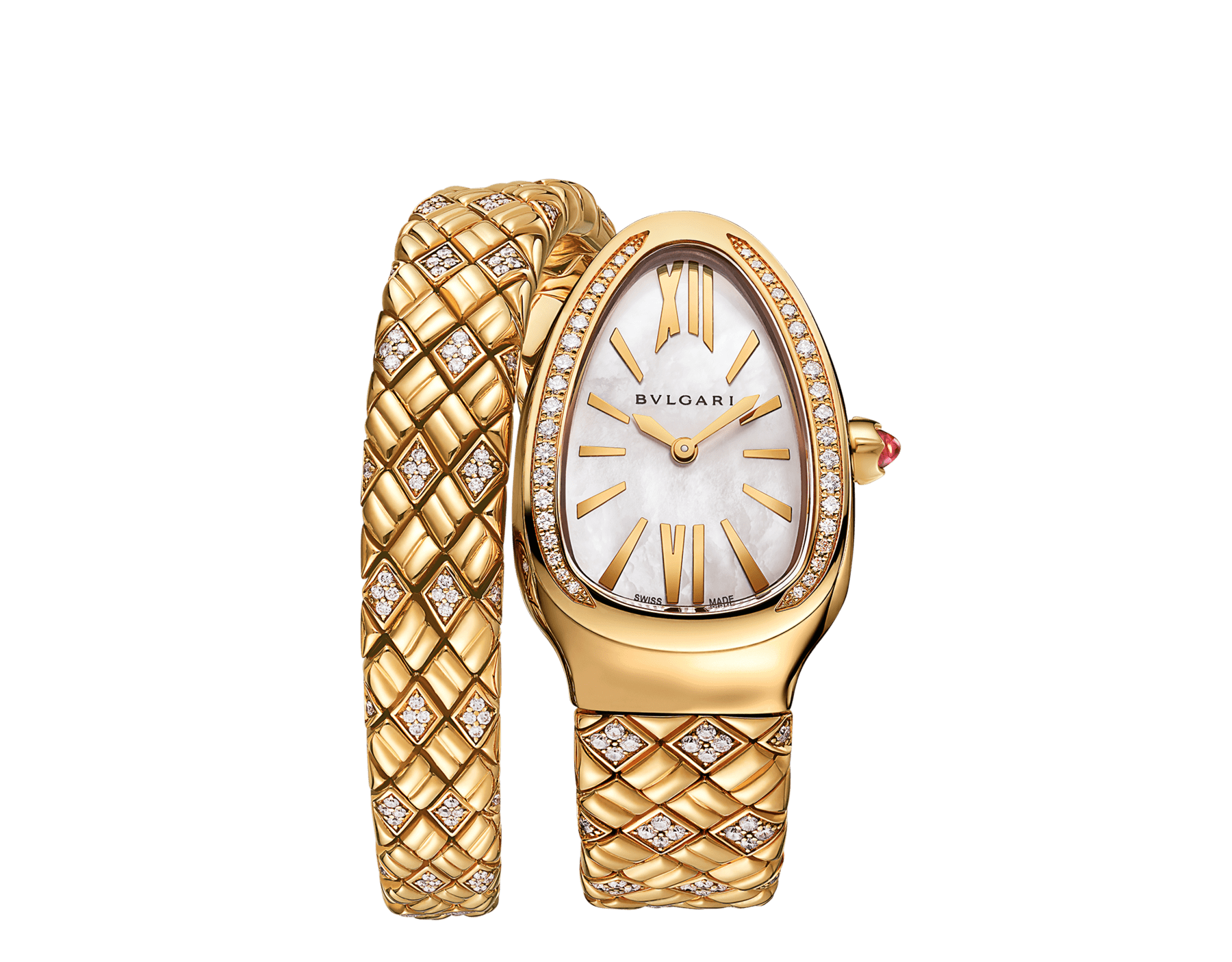 Serpenti Spiga 單螺旋腕錶，18K 黃金材質，錶圈和錶帶鑲飾鑽石，白色珍珠母貝錶盤。防水深度 30 公尺。 SERPENTI-SPIGA-SPP35LAPPGD1-1TT image 1