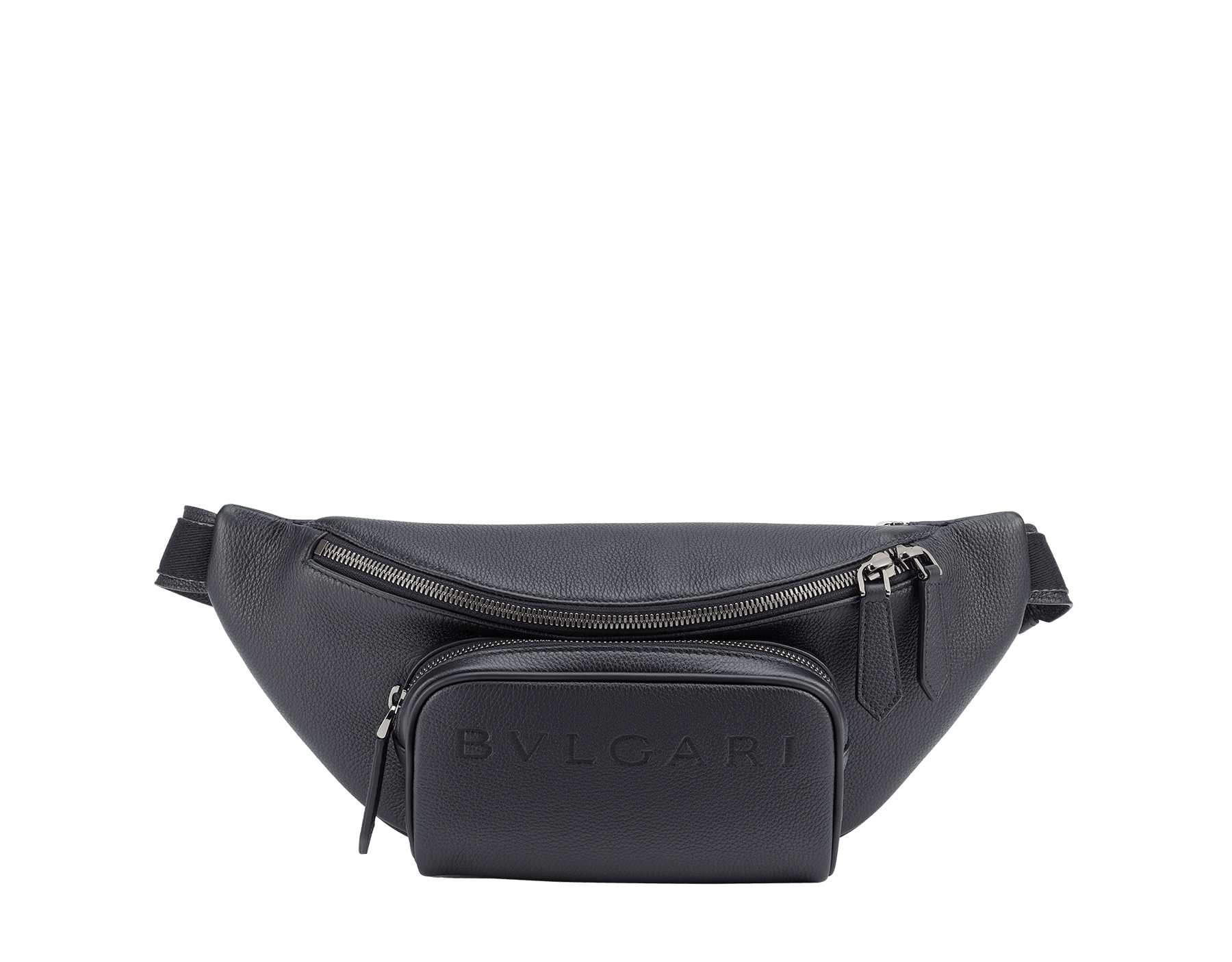 BULGARI Man small belt bag in Olympian sapphire blue smooth and grainy metal-free calf leather with Olympian sapphire blue regenerated nylon (ECONYL®) lining. Dark ruthenium-plated brass hardware, hot stamped BULGARI logo and zipped closure. BMA-1209-CL image 1
