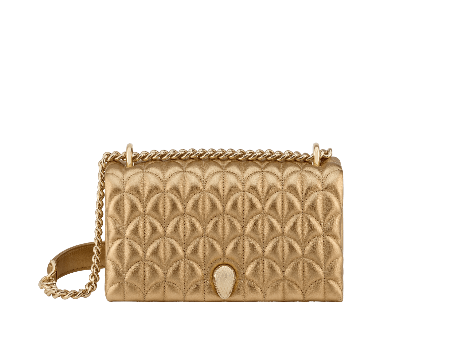 Serpenti Sugarloaf shoulder bag in black calf leather with a distinctive Calla Matelassé motif and black nappa leather lining. Captivating snakehead magnetic closure in gold-plated brass embellished with red enamel eyes. SCB-001-1295S-CALF image 1