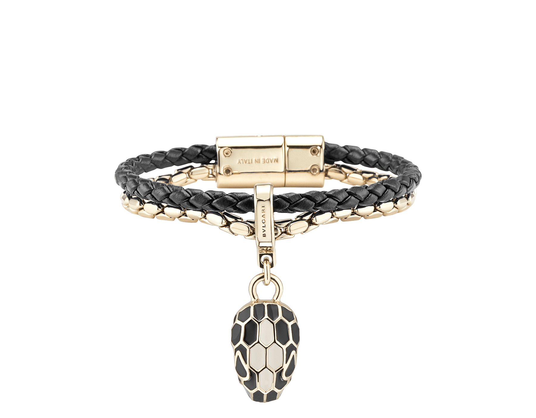 Serpenti Forever bracelet in black braided calf leather and light gold-plated brass chain with magnetic clasp closure. Captivating snakehead charm with black and white agate enamel scales and black enamel eyes. SerpBraidChain-WCL-B image 1
