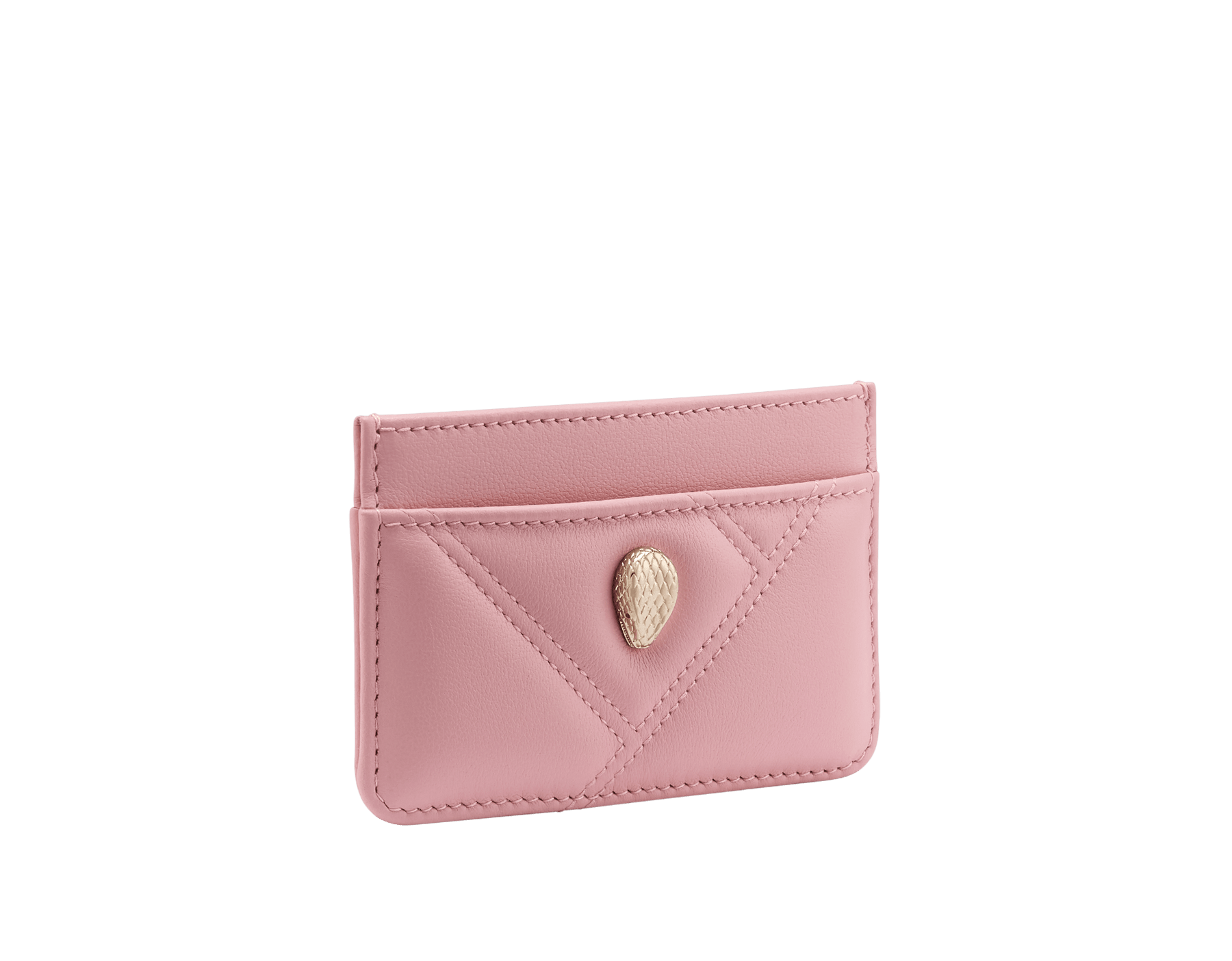 Serpenti Cabochon card holder in sheer amethyst lilac calf leather with a maxi quilted pattern and watercolour opal light blue nappa leather lining. Captivating snakehead rivet in gold-plated brass embellished with red enamel eyes. SCB-CCHOLDERa image 1