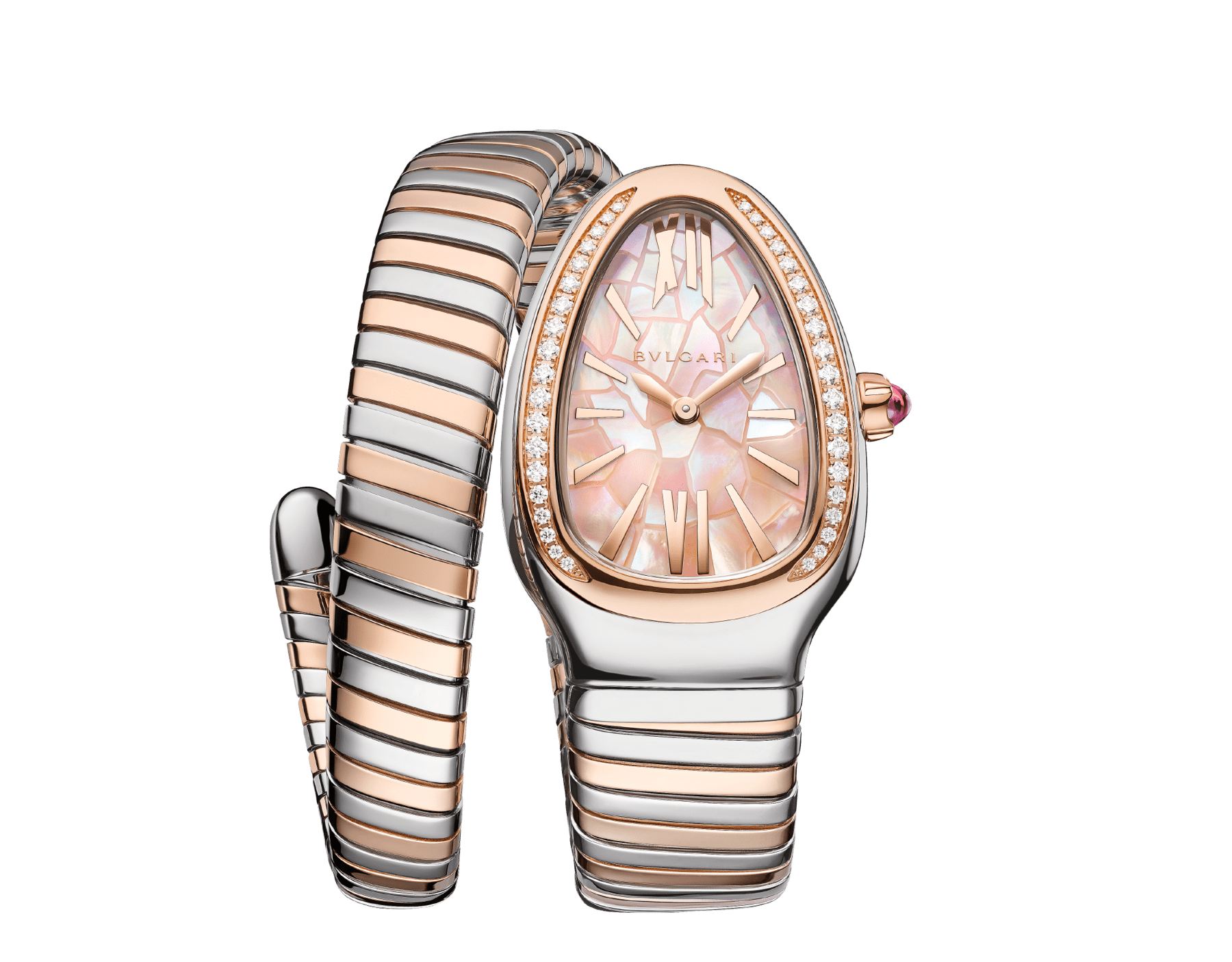 Tadao Ando x Bvlgari Serpenti Tubogas Limited Edition single-spiral watch in 18 kt rose gold and stainless steel with pavé diamonds on the bezel and pink mother-of-pearl dial. Water-resistant up to 30 metres. SERPENTI-TUBOGAS-TADAO-ANDO-PINK image 1