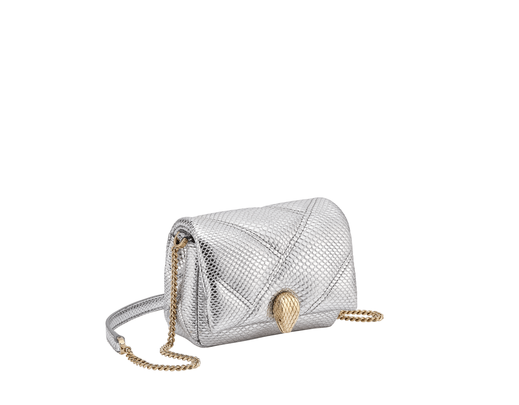 Serpenti Cabochon micro bag in ivory opal calf leather with a maxi matelassé pattern and black nappa leather lining. Captivating snakehead closure in gold-plated brass embellished with red enamel eyes. SCB-NANOCABOCHONa image 1