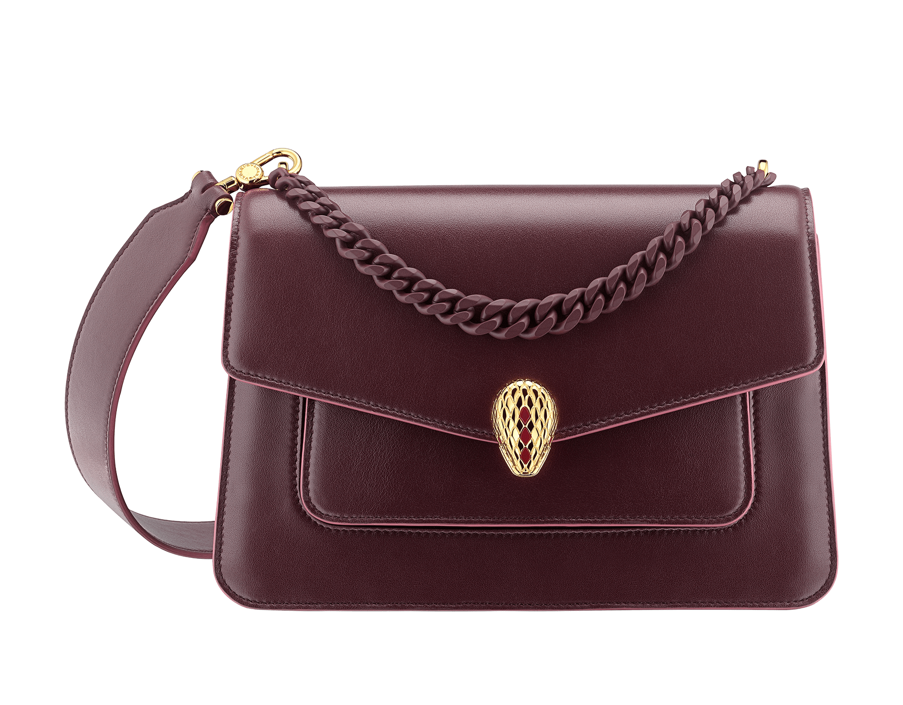 "Serpenti Forever" maxi chain crossbody bag in black nappa leather with black nappa leather inner lining. New Serpenti head closure in dark ruthenium-plated brass and finished with small black onyx scales in the middle and red enamel eyes. 1138-MCNc image 1