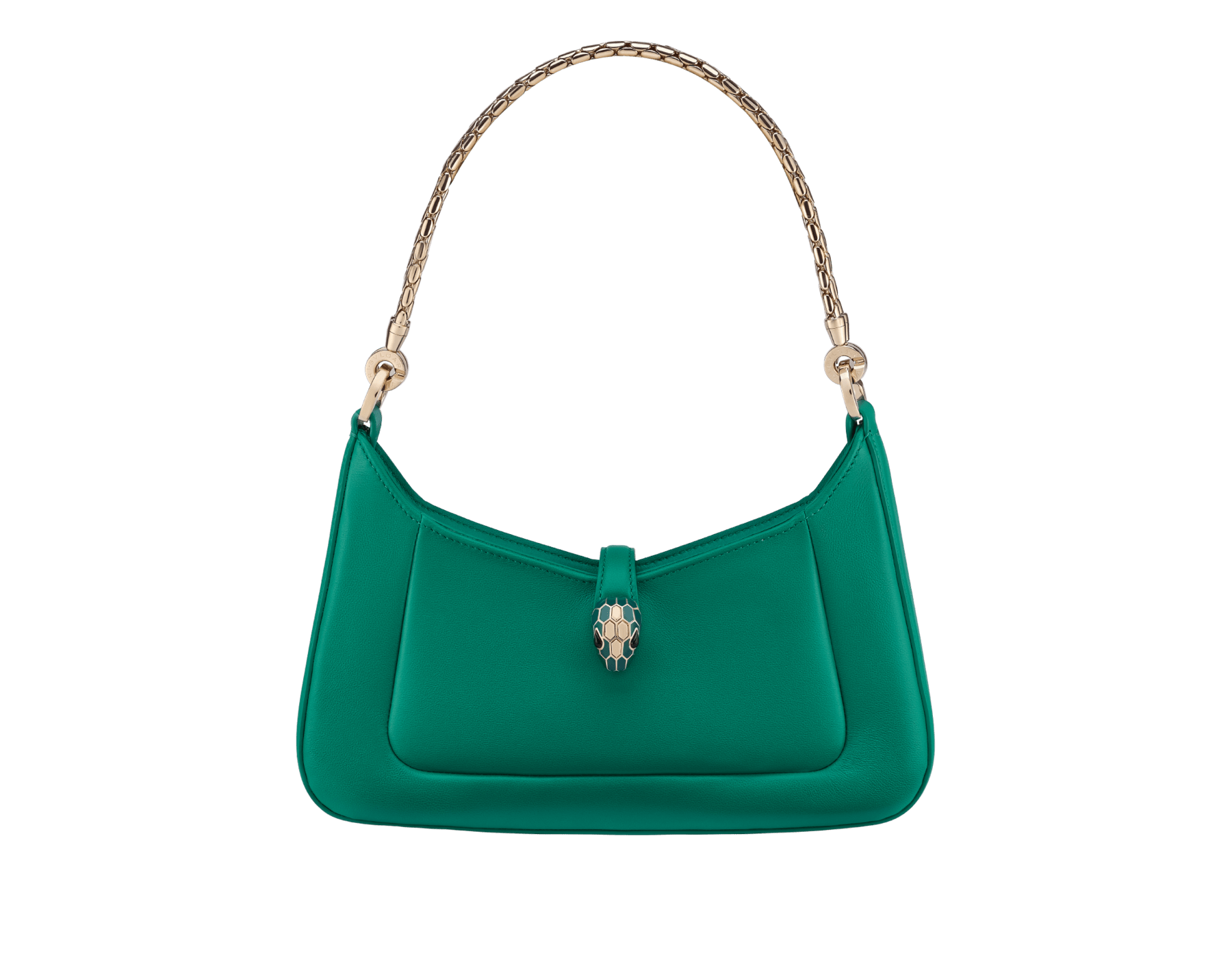 Serpenti Baia small shoulder bag in vivid emerald green Metropolitan calf leather with black nappa leather lining. Captivating snakehead magnetic closure in light gold-plated brass embellished with bright forest emerald green enamel and light gold-plated brass scales, and black onyx eyes; additional zipped top closure. SEA-1274 image 1
