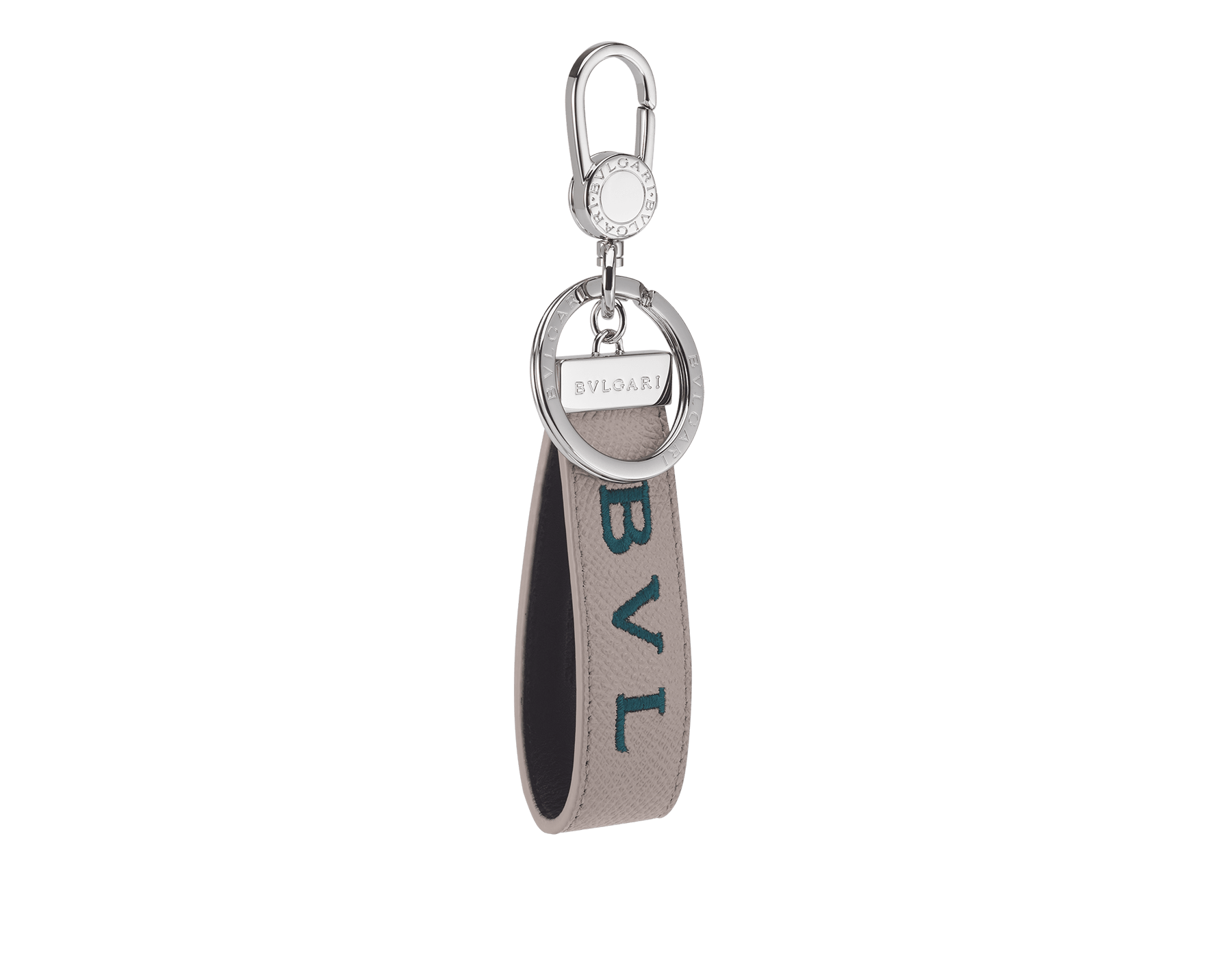 New "BVLGARI BVLGARI" keyring in Denim Sapphire blue grained calfskin with embroidered, light Aegean Topaz blue Bvlgari logo. Snap hook and ring in palladium-plated brass, and embellished with iconic logo. BBM-KEYRINGLOGOa image 1