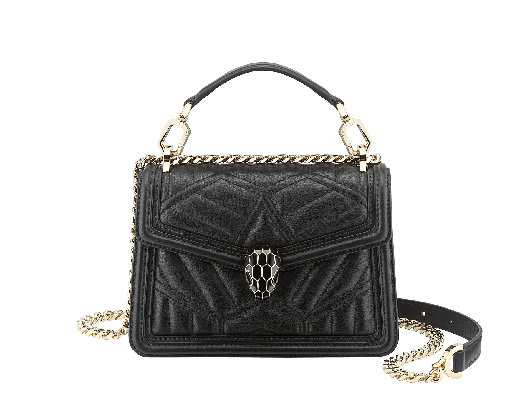 “Serpenti Diamond Blast” crossbody bag in Ivory Opal white quilted nappa leather body, featuring a maxi matelassé pattern, and black calf leather frames, with black nappa leather internal lining. Tempting snakehead closure in light gold plated brass enriched with black enamel and black onyx eyes. 1063-MFQD image 1