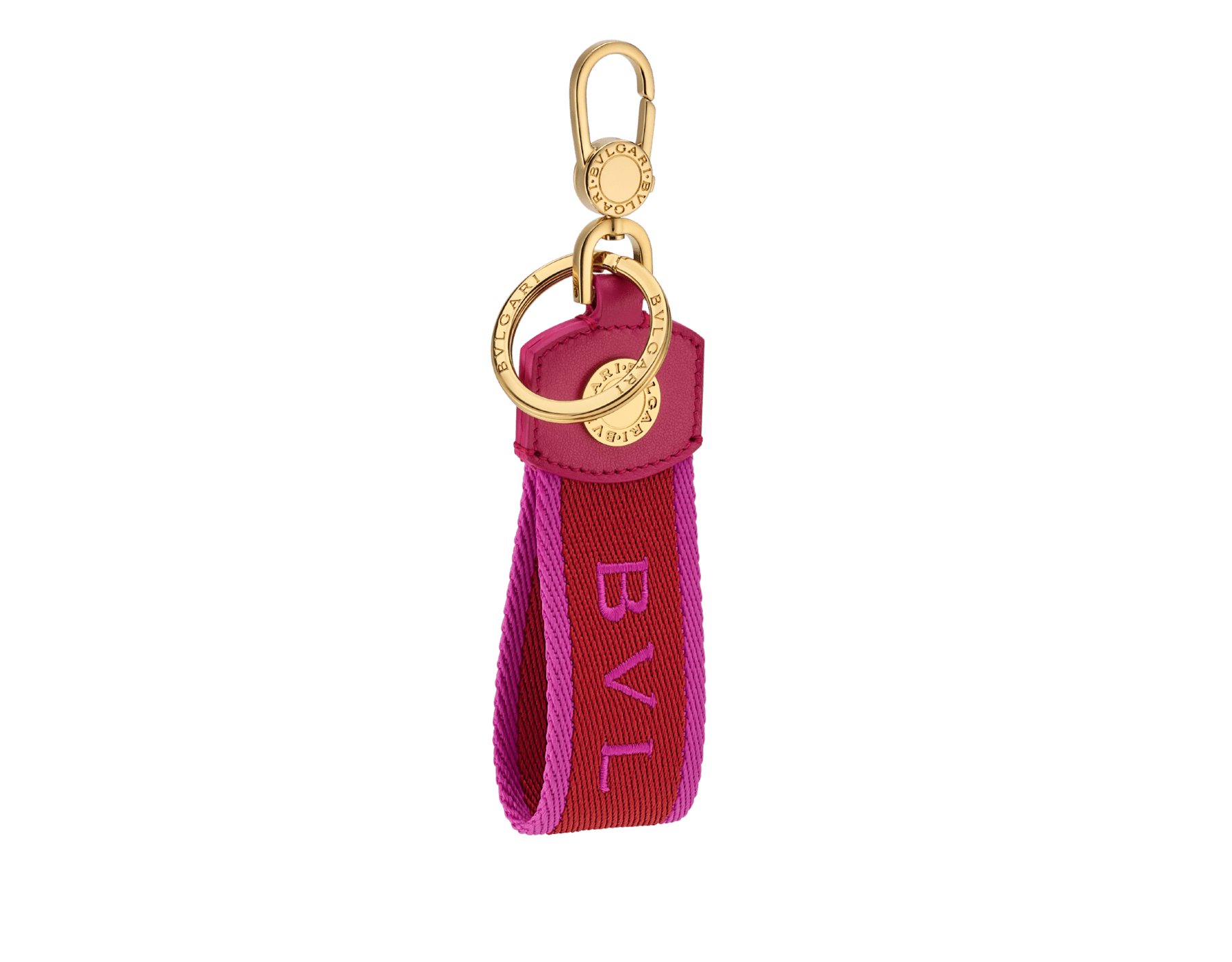 Portachiavi Bvlgari Bvlgari in tessuto rosso rubino e rosa con logo BVLGARI. Anello e moschettone in ottone placcato oro. BB-KEYRING image 1