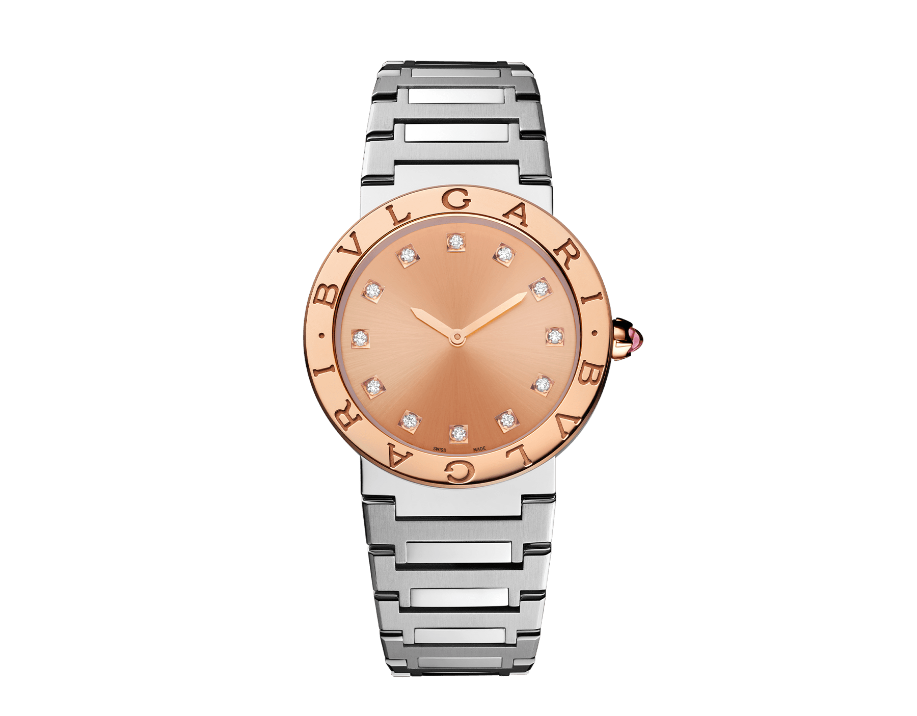 BULGARI BULGARI watch with satin-polished stainless steel case and bracelet, 18 kt rose gold bezel engraved with the double BULGARI logo, orange lacquered sunray dial and 12 diamond indexes. Water-resistant up to 30 meters. Resort Limited Edition of 100 pieces. 103682 image 1
