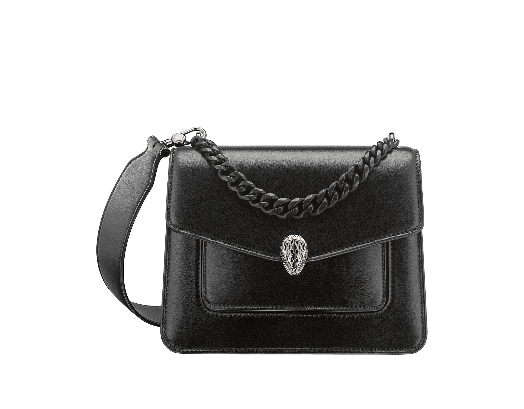 "Serpenti Forever" small maxi chain crossbody bag in black nappa leather, with black nappa leather inner lining. New Serpenti head closure in dark ruthenium-plated brass and finished with small black onyx scales in the middle and red enamel eyes. 1134-MCNb image 1