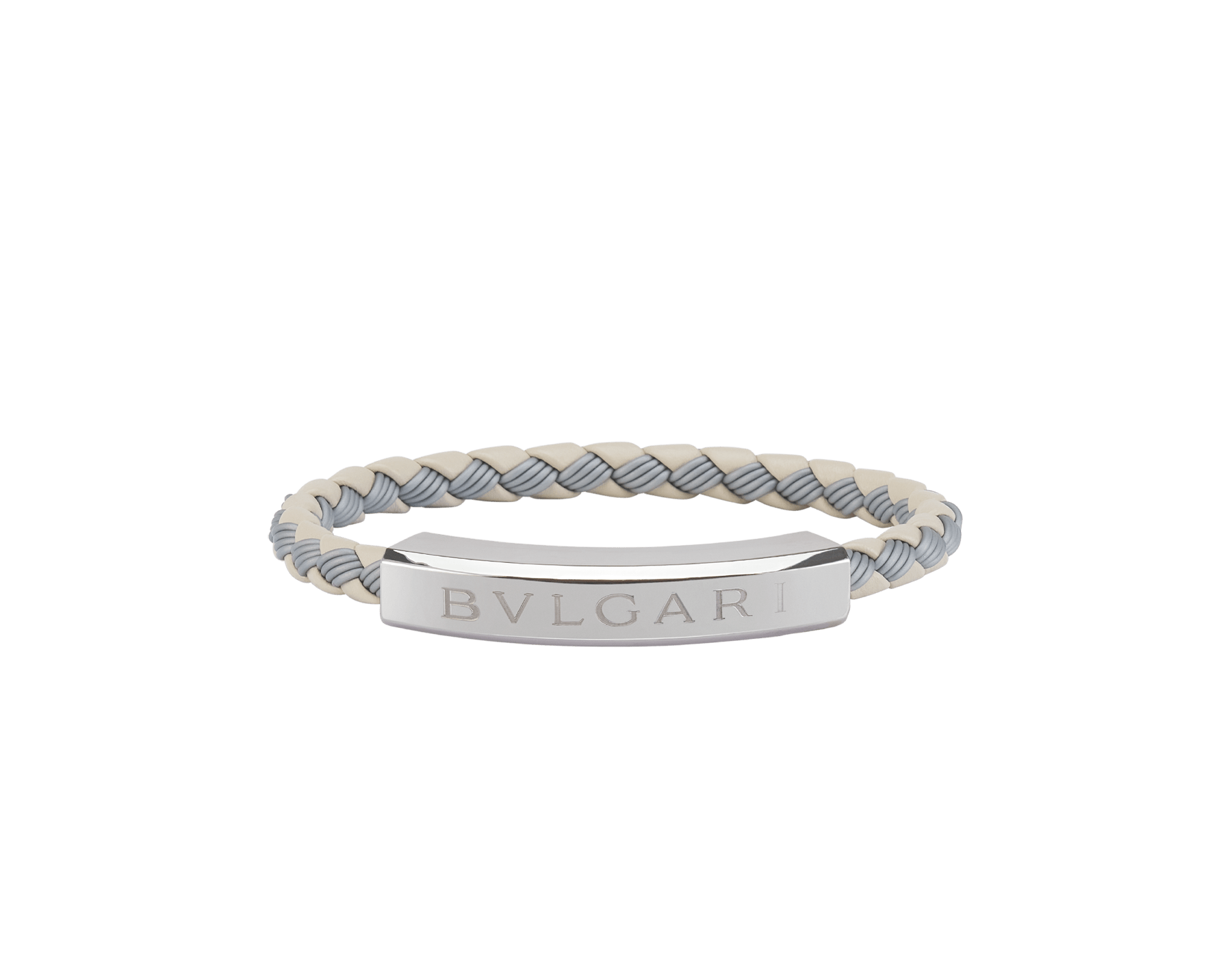 BULGARI BULGARI Man bracelet in moonbeam pearl light grey braided calf leather and rubber. Silver front clasp engraved with the iconic BULGARI logo. BBMLOGOPLATE-BCL-FO image 1