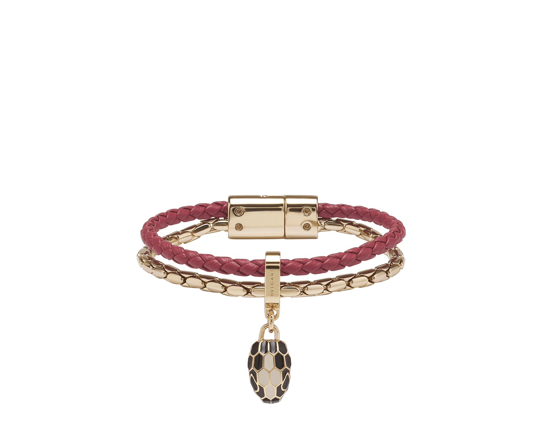 Serpenti Forever bracelet in anemone spinel pinkish red braided calf leather, with light gold-plated brass chain and magnetic clasp closure. Captivating snakehead charm with black and white agate enamel scales and black enamel eyes. SERPBRAIDCHAIN-WCL-AS image 1