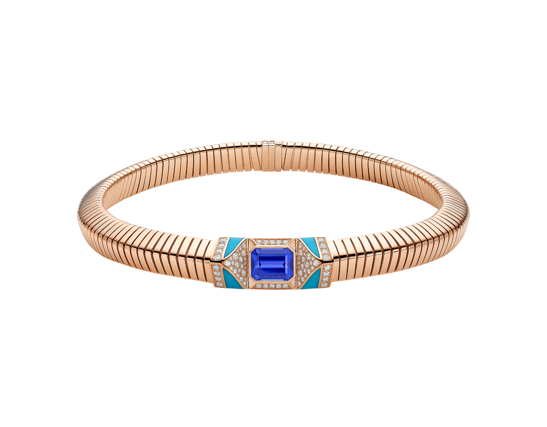 Bvlgari Tubogas 18 kt rose gold necklace set with a central tanzanite, turquoise inserts and pavé diamonds CL860175 image 1