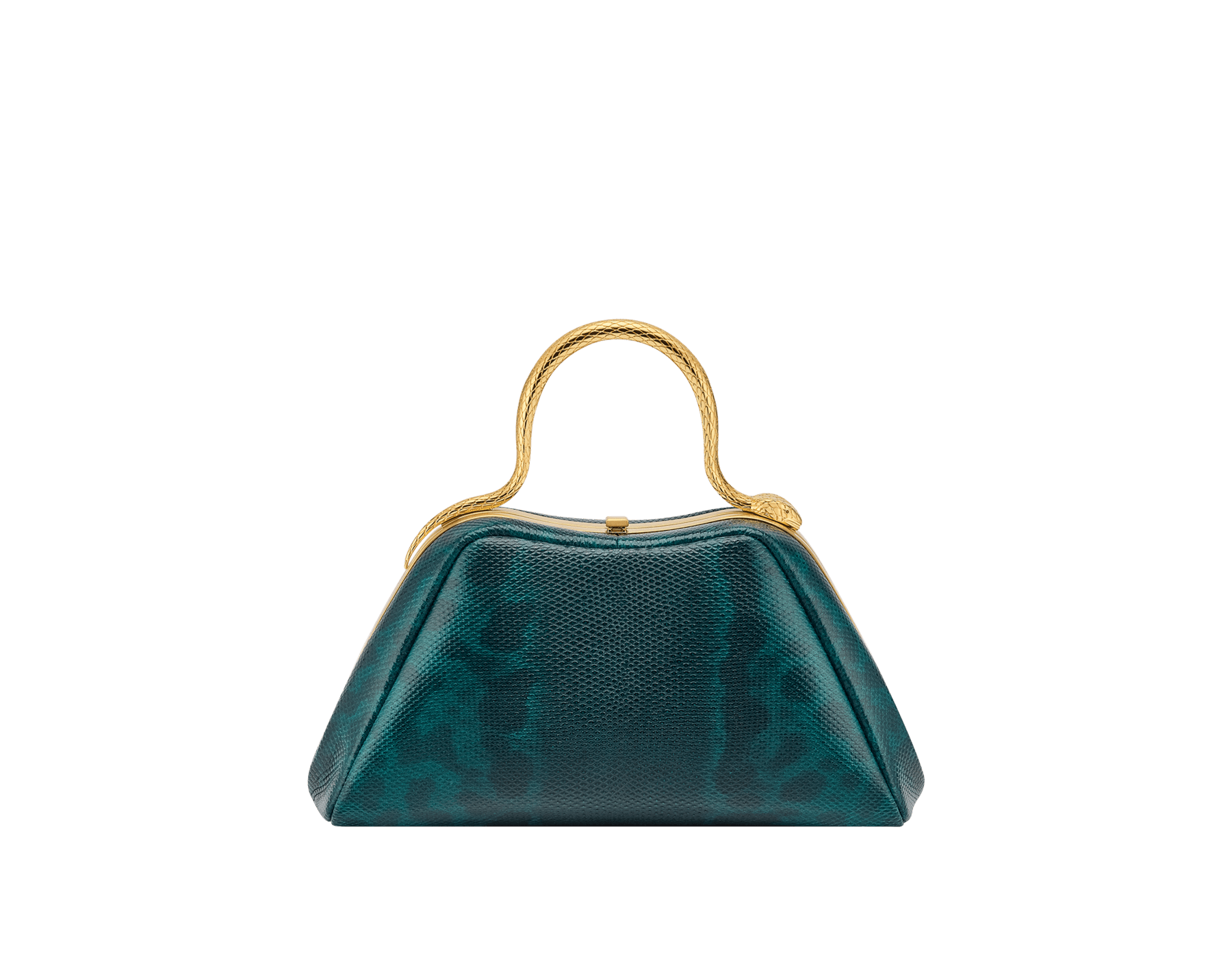 Serpentine mini top handle bag in bright forest emerald shiny karung with black nappa leather lining. Captivating snake body-shaped top handle in gold-plated brass embellished with engraved scales and red enamel eyes, press-button closure and gold-plated brass hardware. 294311 image 1