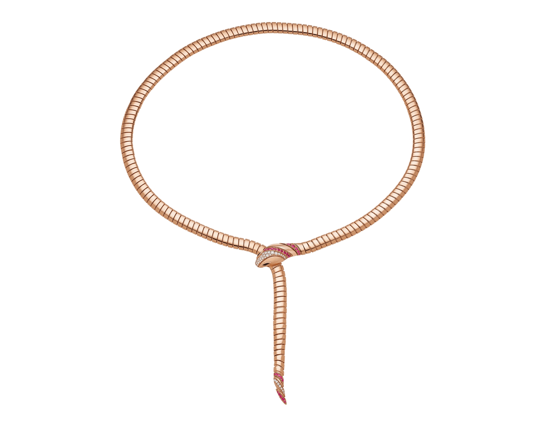 Serpenti 18 kt rose gold necklace set with round rubies on the head and tail, demi pavé diamonds on the head and black onyx eyes 362427 image 1