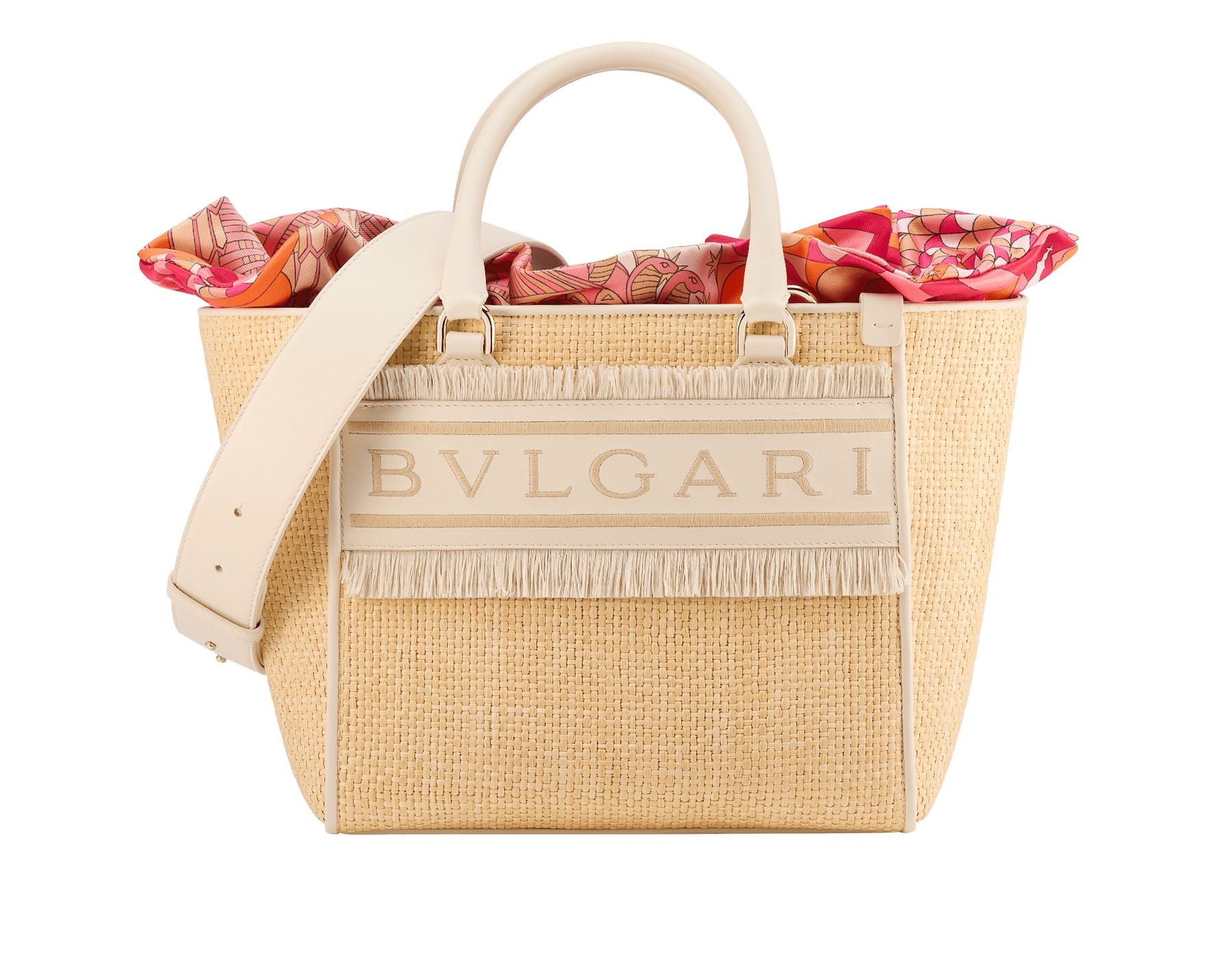 Bulgari Logo medium tote bag in beige raffia with ivory opal calf leather details, beige raffia fringes and beetroot spinel fuchsia nappa leather lining. Iconic Bulgari logo stitched motif, detachable satin satchel with multicolored print outside and beetroot spinel fuchsia inside, and drawstring closure with captivating snakeheads in light gold-plated brass. 292073 image 1