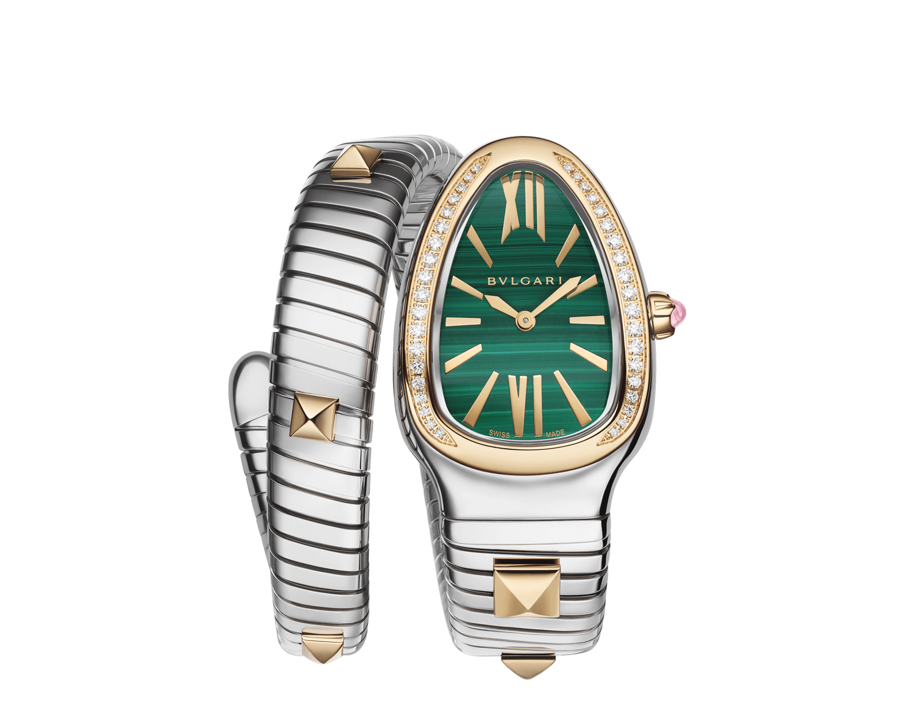 Serpenti Tubogas Studs Capsule 精鋼單螺旋腕錶，18K 黃金錶圈鑲飾鑽石，錶帶飾以 18K 黃金鉚釘，綠色孔雀石錶盤。防水深度 30 公尺。 Serpenti-Tubogas-Capsule-Green image 1