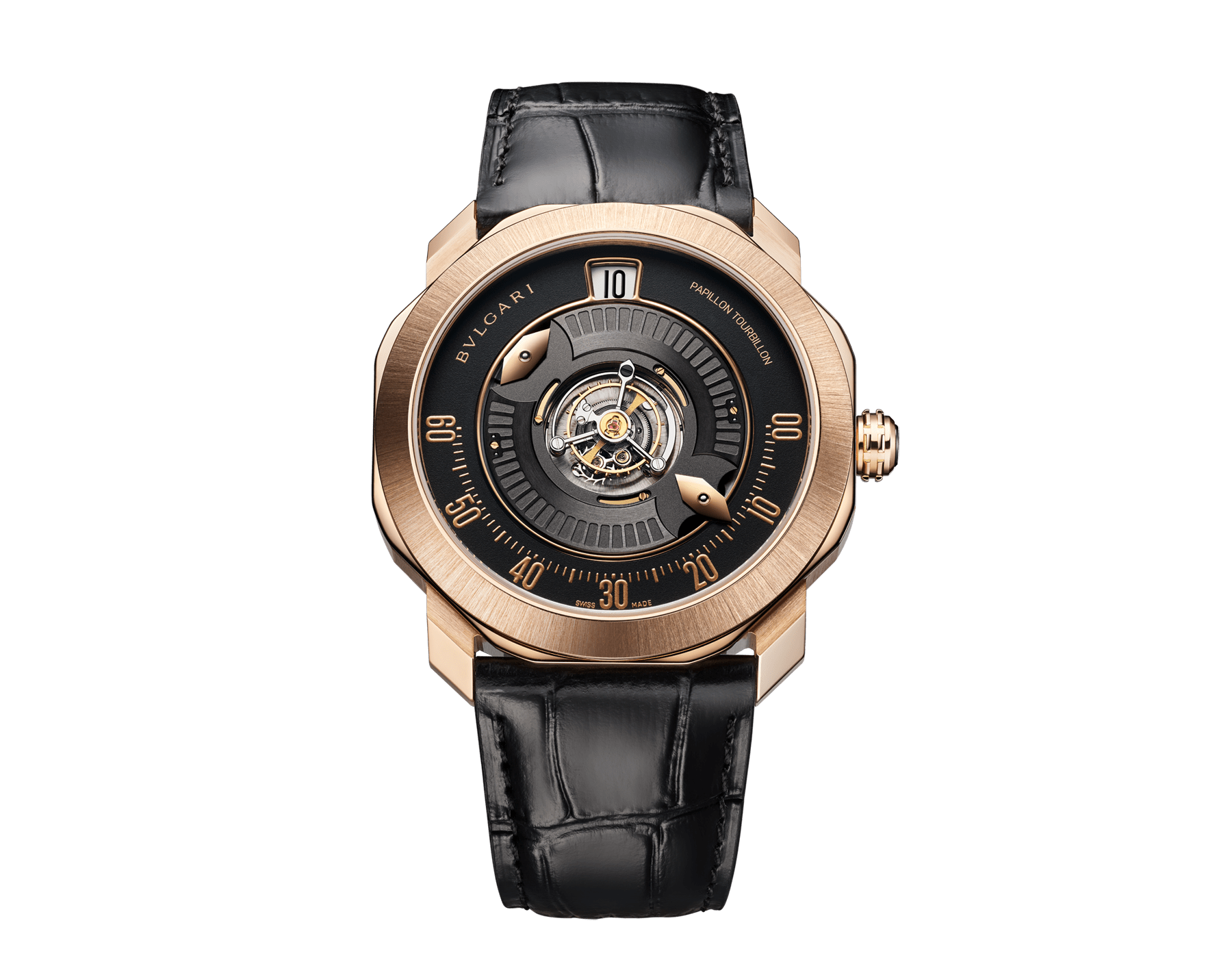 Octo Roma Papillon Central Tourbillon with mechanical manufacture movement, manual winding, central flying tourbillon, minutes indication with two 18 kt rose gold Papillon hands, 24-hour jumping hour, ceramic ball bearing system, 18 kt rose gold case, black matt dial, tourbillon cage and Papillon system opening, transparent sapphire caseback, matt black alligator bracelet and 18 kt rose gold folding clasp. Water-resistant up to 50 metres 103475 image 1