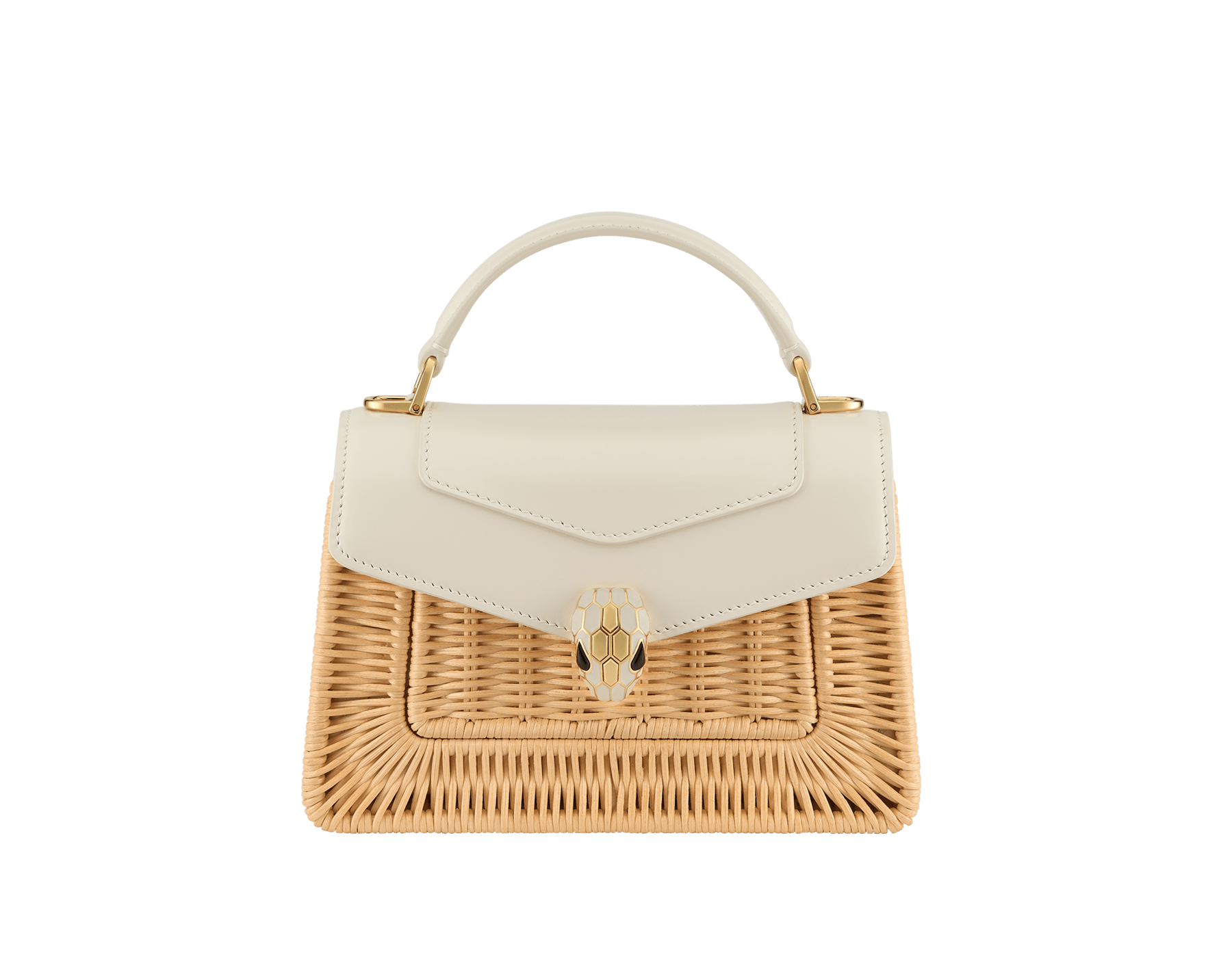 Serpenti Forever 迷你手提包，採用自然色編織柳條，珍珠白色小牛皮細節，珍珠白色納帕軟面皮內裡。迷人的金色黃銅蛇頭磁扣飾以珍珠白色琺瑯與金色黃銅蛇鱗，蛇眼飾以黑色縞瑪瑙。 294676 image 1