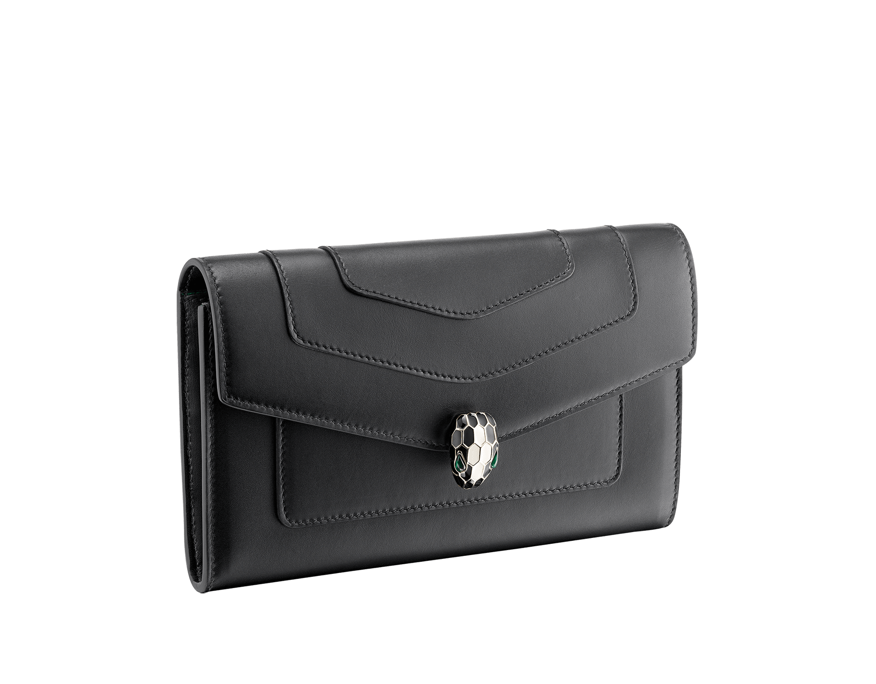 "Serpenti Forever" new large wallet in metallic Milky Opal beige karung skin and Milky Opal beige calfskin. Alluring snakehead closure in light gold-plated brass with black and glittery Milky Opal beige enamel and black onyx eyes. SEA-LONGWLT image 1