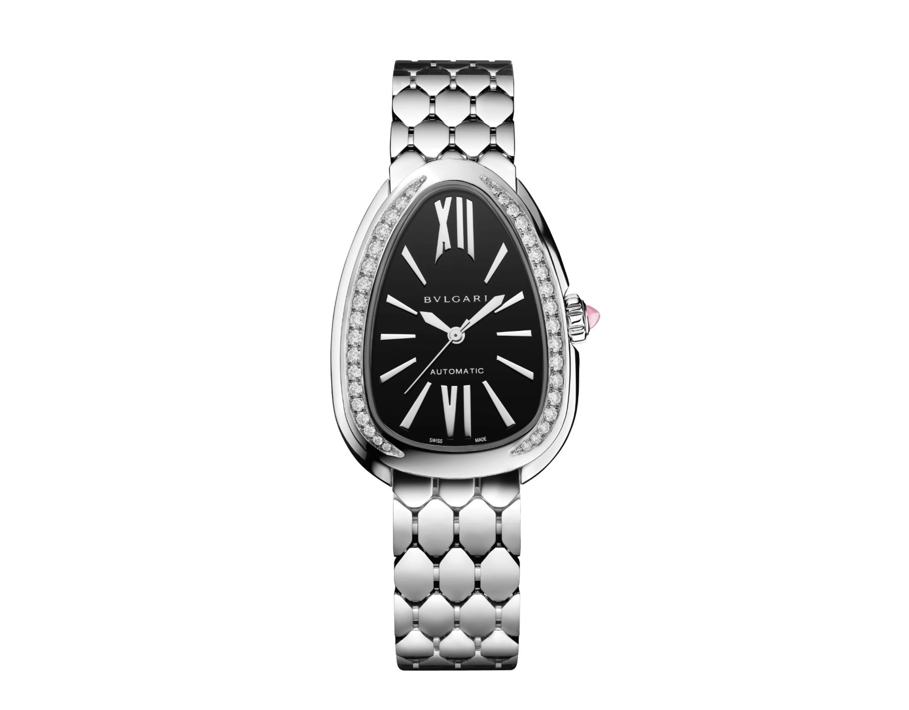Serpenti Seduttori automatic watch in stainless steel with diamond-set bezel and black lacquered dial. Water-resistant up to 30 metres 104062 image 1