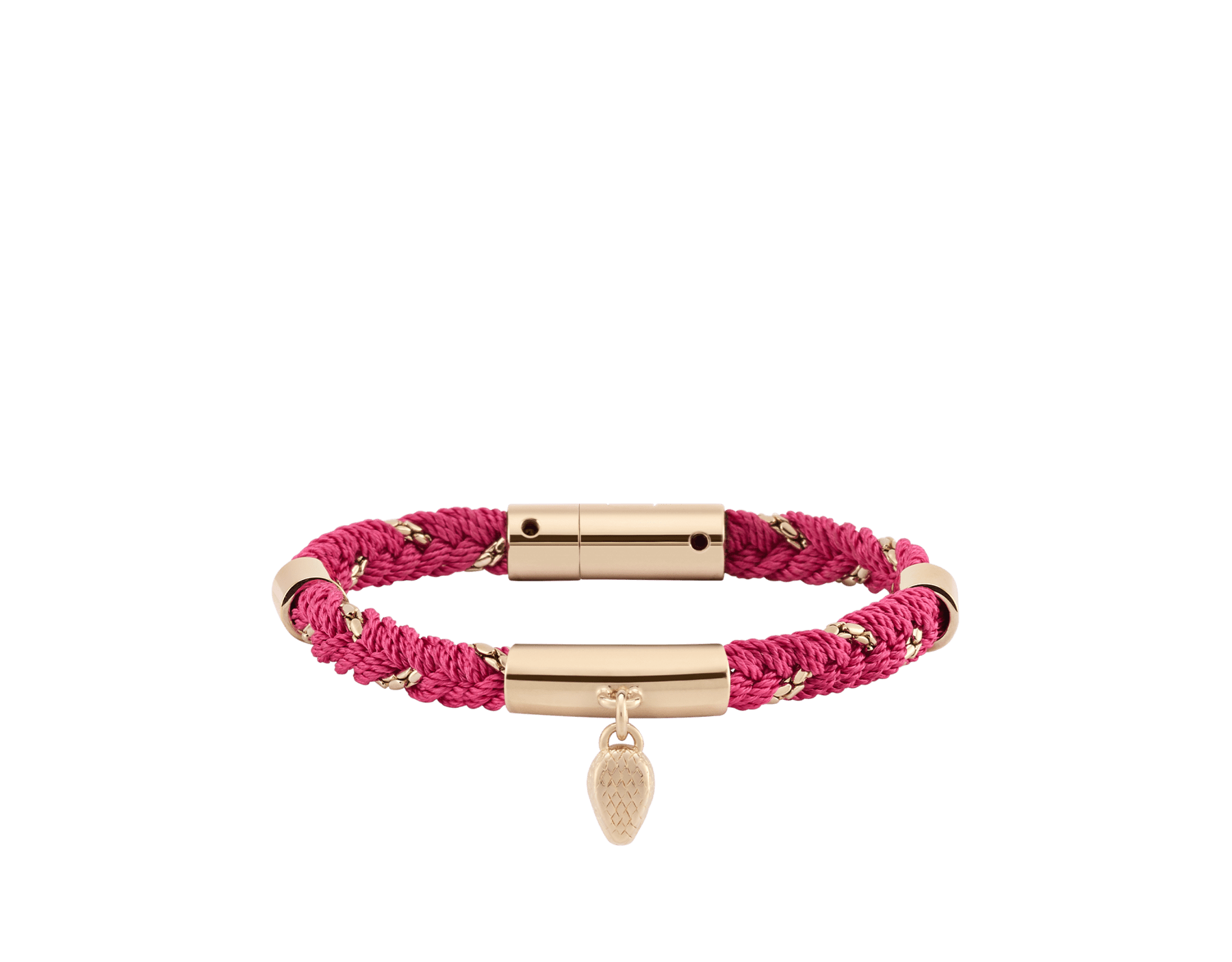 Serpenti Forever multibraided bracelet in truly tourmaline fuchsia coiled torchon and light-gold plated brass chain. Captivating snakehead charm in light gold-plated brass embellished with red enamel eyes, and press-stud closure. SERPMULTIBRAID-WC-TT image 1
