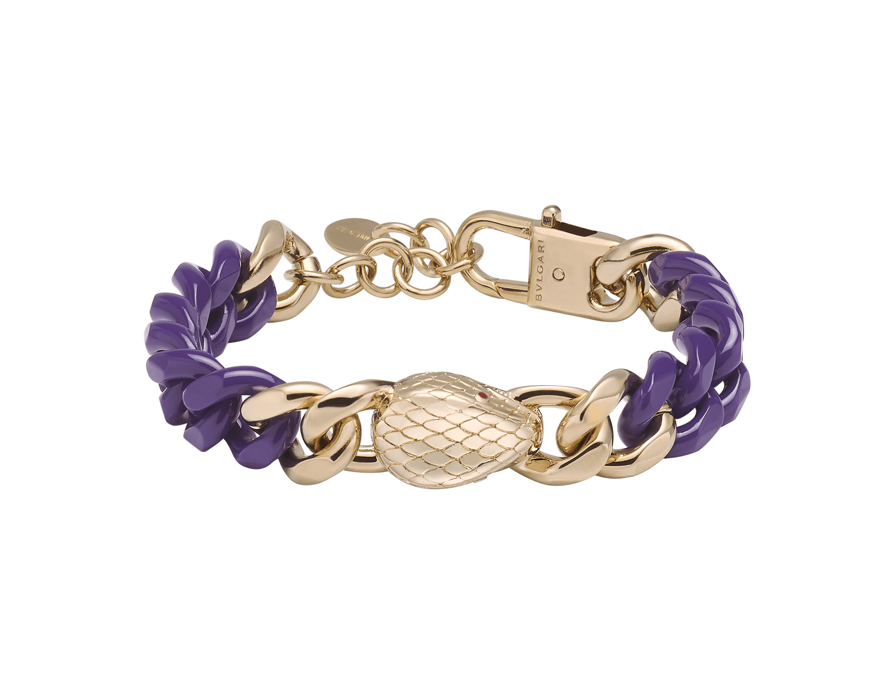 Serpenti Forever Maxi Chain bracelet in light gold-plated brass, with partial emerald green enamel. Captivating snakehead embellishment with red enamel eyes in the middle, and adjustable closure. SERP-CHUNKYCHAINb image 1