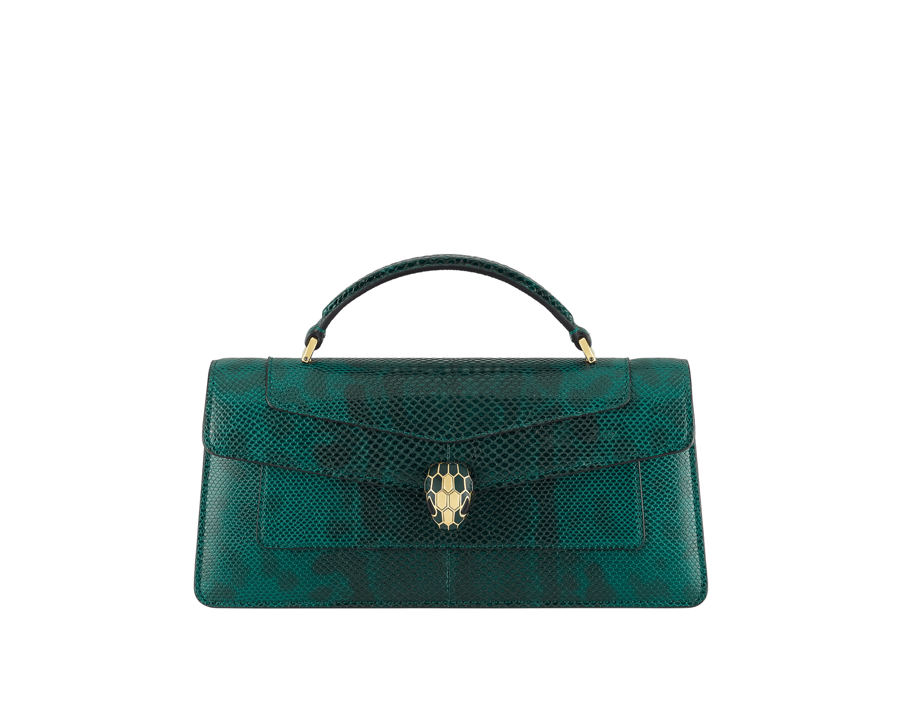 Serpenti Forever Elongated Henkeltasche aus glänzendem Karungleder in Forest Emerald mit Futter aus schwarzem Nappaleder. Faszinierender Schlangenkopf-Magnetverschluss aus vergoldetem Messing mit Schuppen aus Emaille in Forest Emerald und vergoldetem Messing sowie Augen aus schwarzem Onyx. 295674 image 1