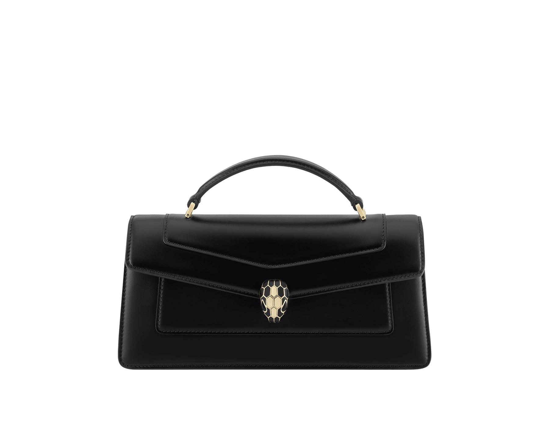 Borsa a mano Serpenti Forever Elongated in vitello nero con fodera in nappa nera. Accattivante chiusura magnetica Serpenti in ottone placcato oro chiaro con squame in smalto nero e ottone placcato oro chiaro, e occhi in onice nera. SEA-001-1390S image 1