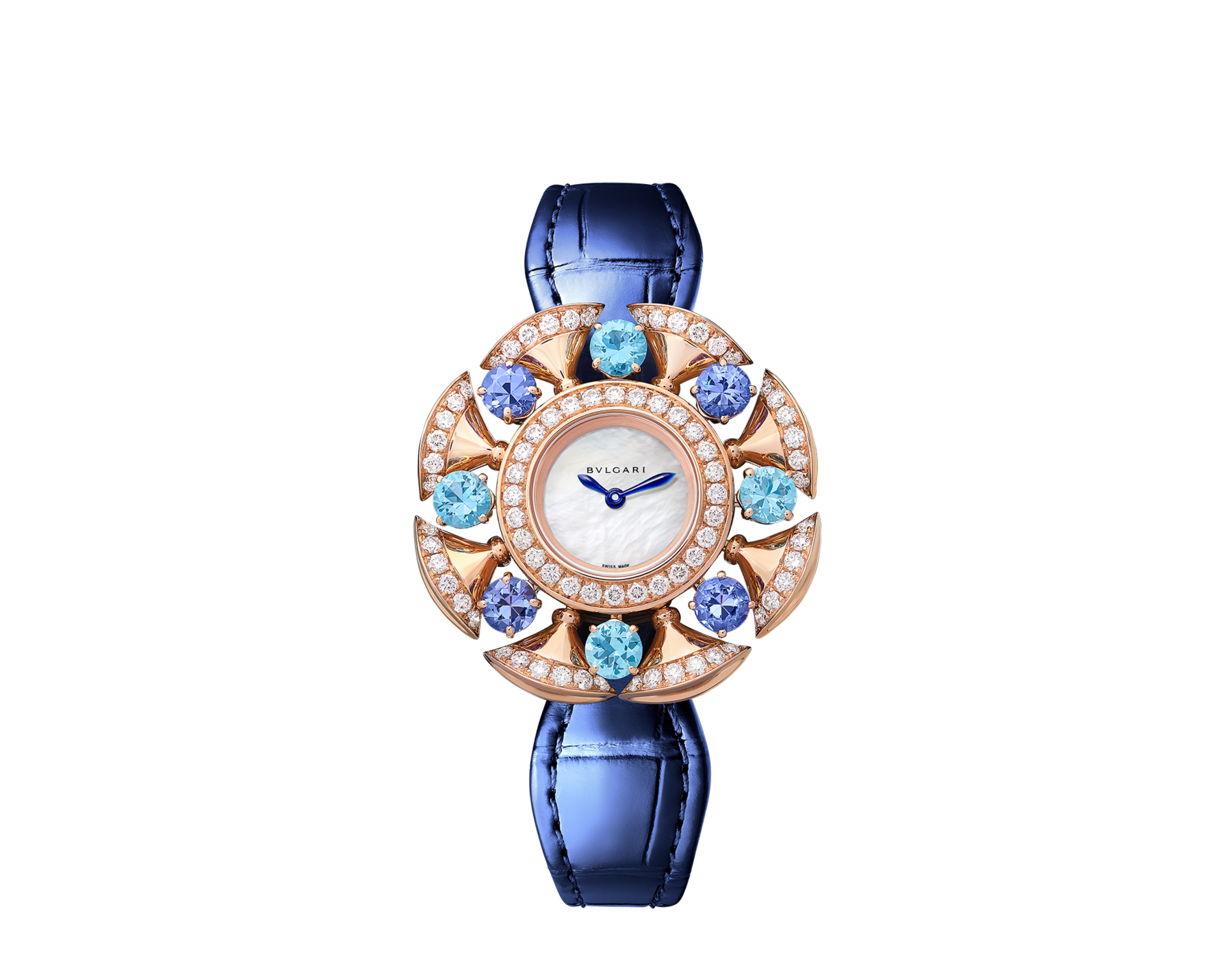 Divas' Dream watch with 18 kt rose gold case set with round brilliant-cut diamonds, topazes and tanzanites, white mother-of-pearl dial and blue alligator bracelet. Water resistant up to 30 metres 103752 image 1