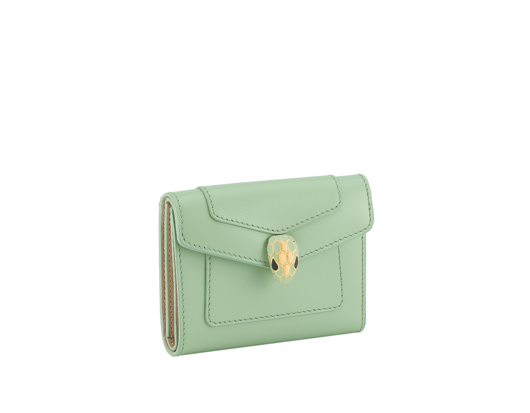 Serpenti Forever compact wallet in light peridot calf leather with Bright Travertino nappa leather interior. Captivating snakehead press-button closure in gold-plated brass embellished with light peridot enamel, and black enamel eyes. 295294 image 1