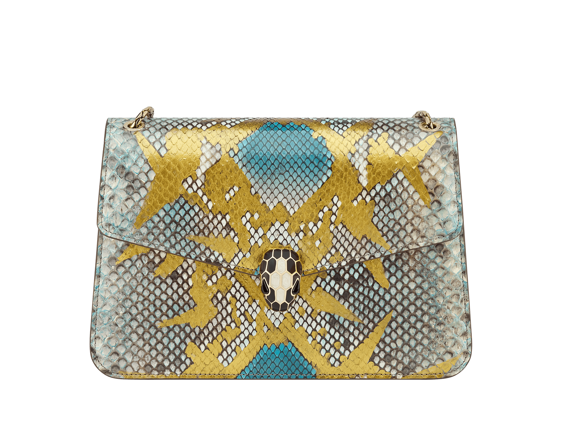Serpenti Forever shoulder bag in multicolour Early Bright python skin with caramel topaz beige nappa leather lining. Captivating snakehead closure in light gold-plated brass embellished with black and caramel topaz beige enamel scales and black onyx eyes. 1140-P image 1
