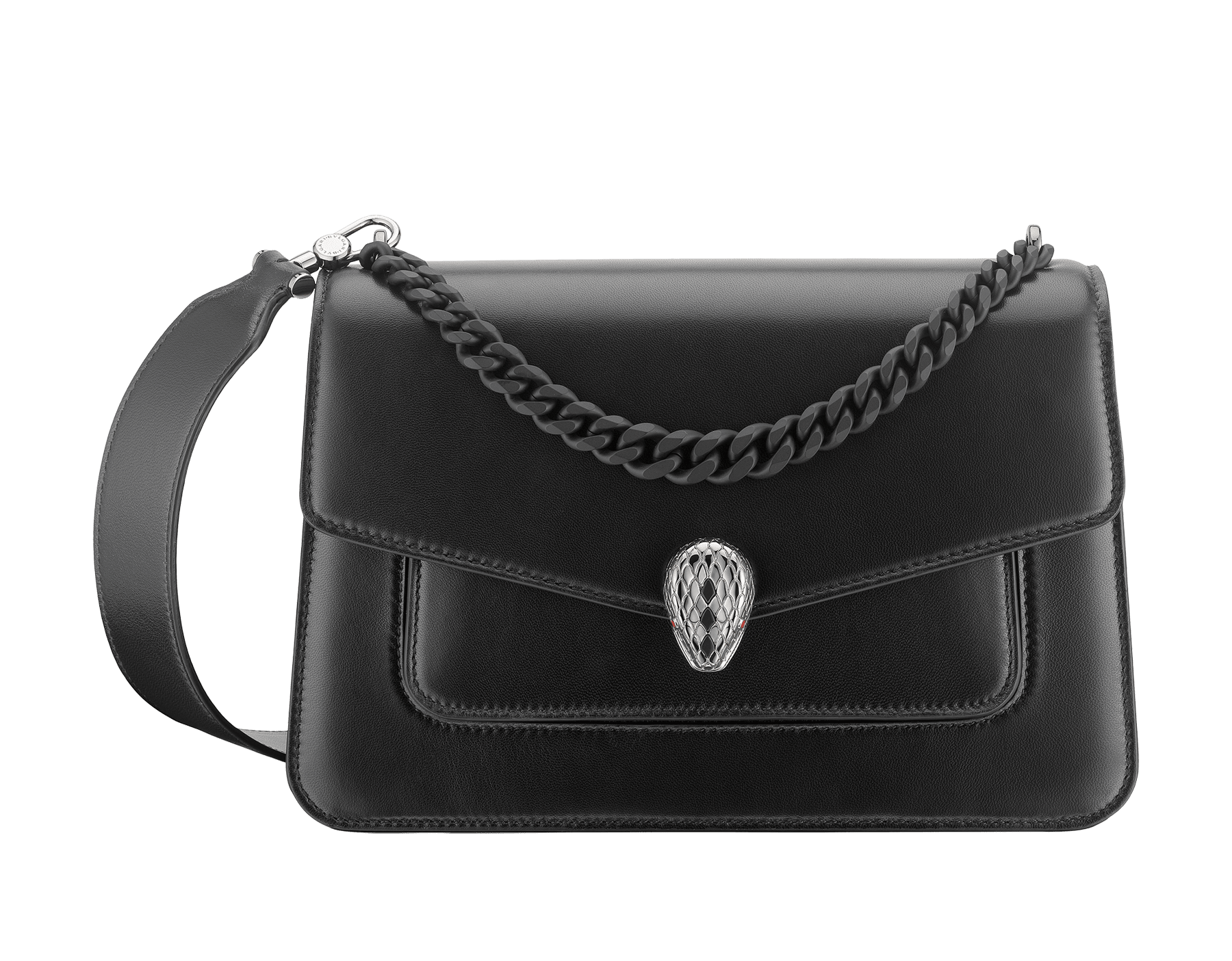 "Serpenti Forever" maxi chain crossbody bag in black nappa leather with black nappa leather inner lining. New Serpenti head closure in dark ruthenium-plated brass and finished with small black onyx scales in the middle and red enamel eyes. 1138-MCNc image 1