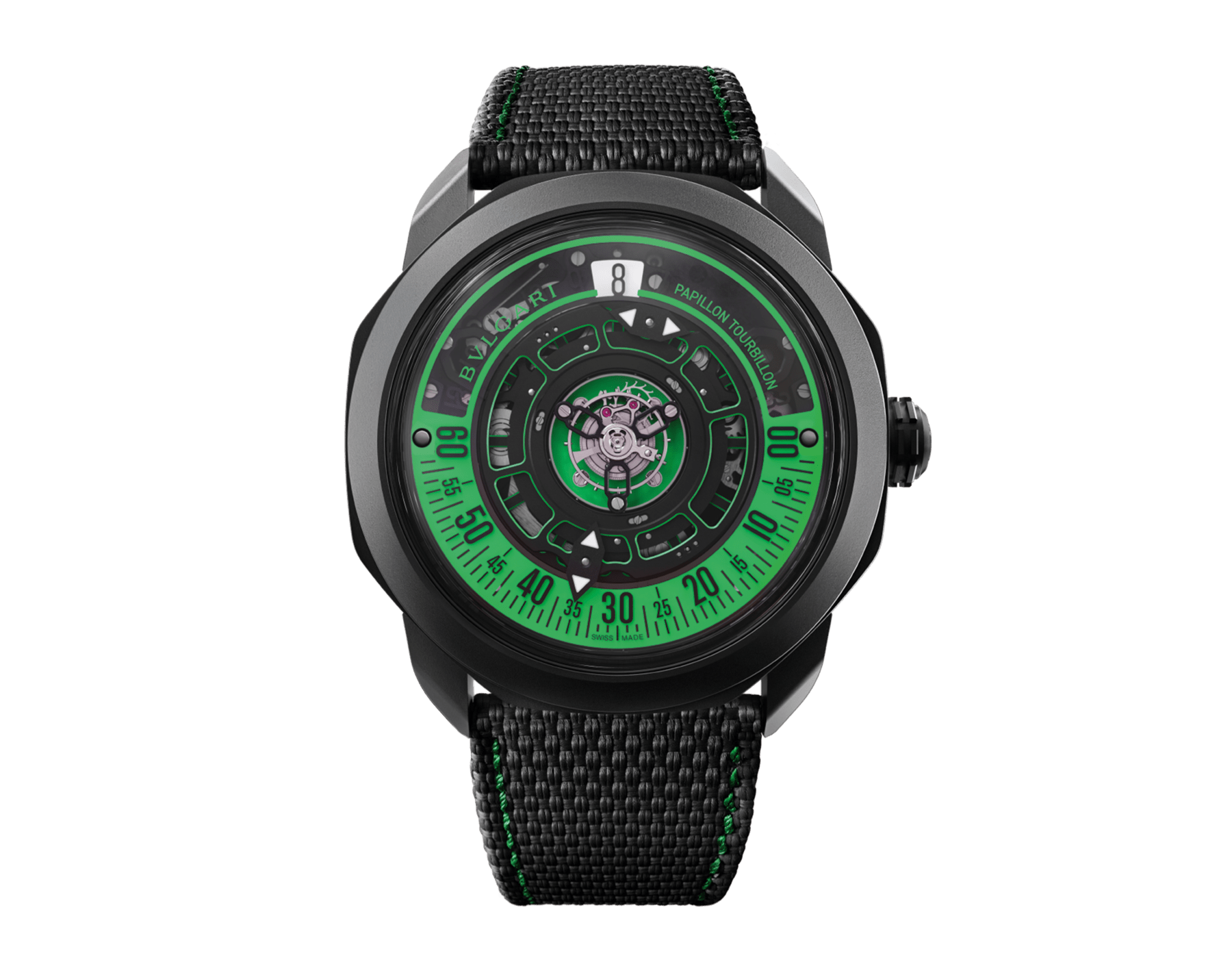Часы Octo Roma Papillon Tourbillon, мануфактурный механизм с ручным заводом, парящий турбийон, система индикации минут Papillon, корпус из титана с черным углеродным алмазоподобным покрытием DLC, средняя часть корпуса из сапфирового стекла, прозрачная крышка корпуса, детали механизма и циферблата с люминесцентным покрытием Super-LumiNova®, черный ремешок из прорезиненной кожи аллигатора. Водонепроницаемость до 50 метров. 103748 image 1