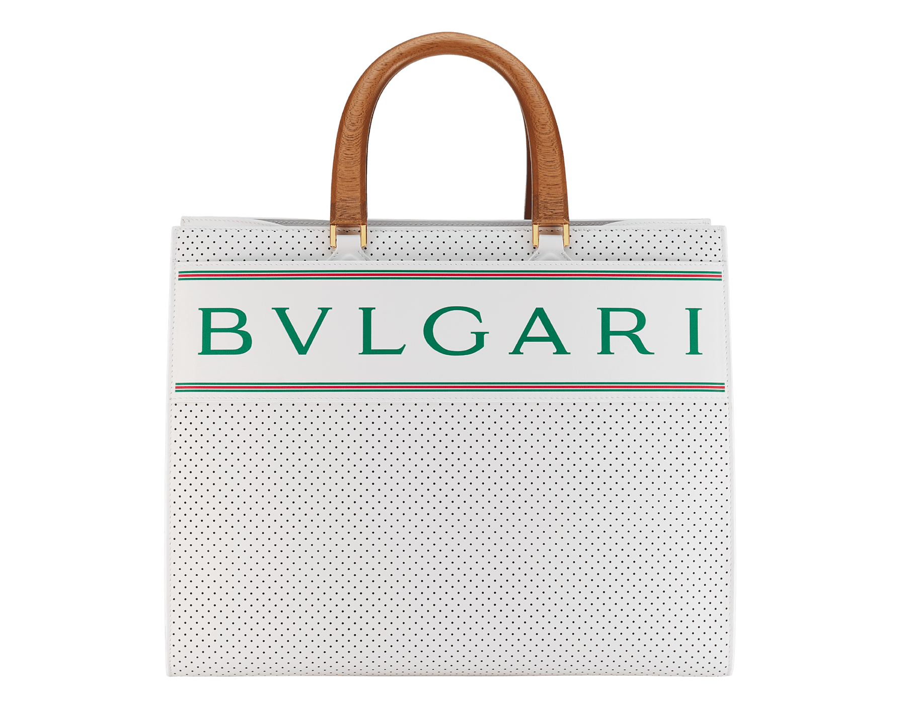 Casablanca x Bulgari large tote bag in white Tennis Groundstroke calf leather, perforated on the main body and smooth on the sides, with tennis green nappa leather lining. Iconic tennis green Bulgari decorative logo, stamped on a smooth white calf leather frame, and gold-plated brass hardware. 292331 image 1
