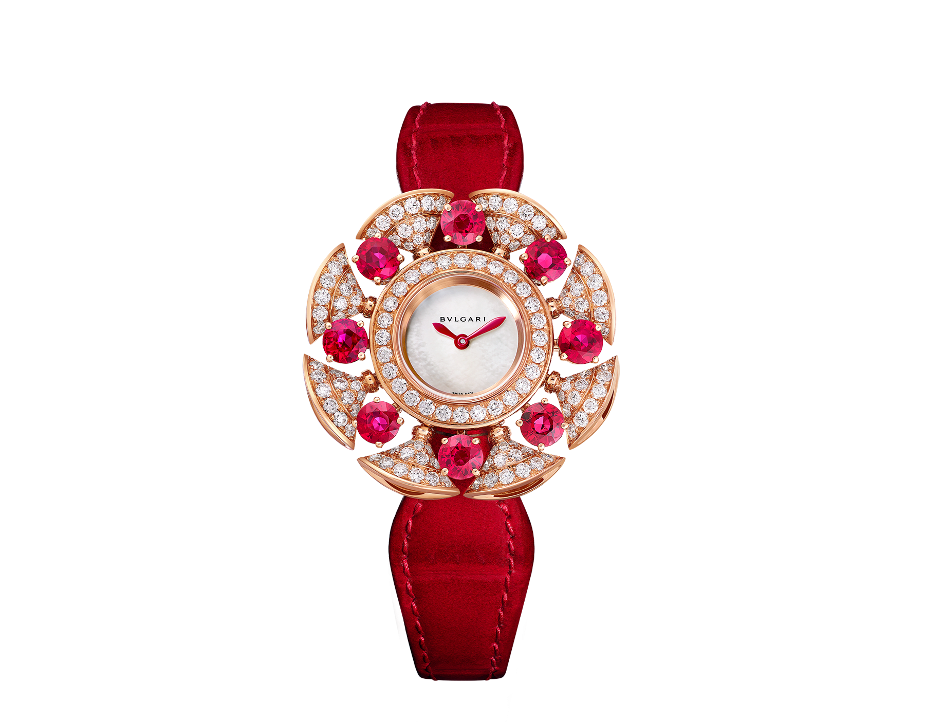 DIVAS' DREAM High Jewellery watch with 18 kt rose gold case set with round brilliant-cut diamonds (F-G VVS, ~2 ct) and 8 brilliant-cut rubies (~3.6 ct), mother-of-pearl dial and red alligator bracelet. Water-resistant up to 30 metres. 103754 image 1