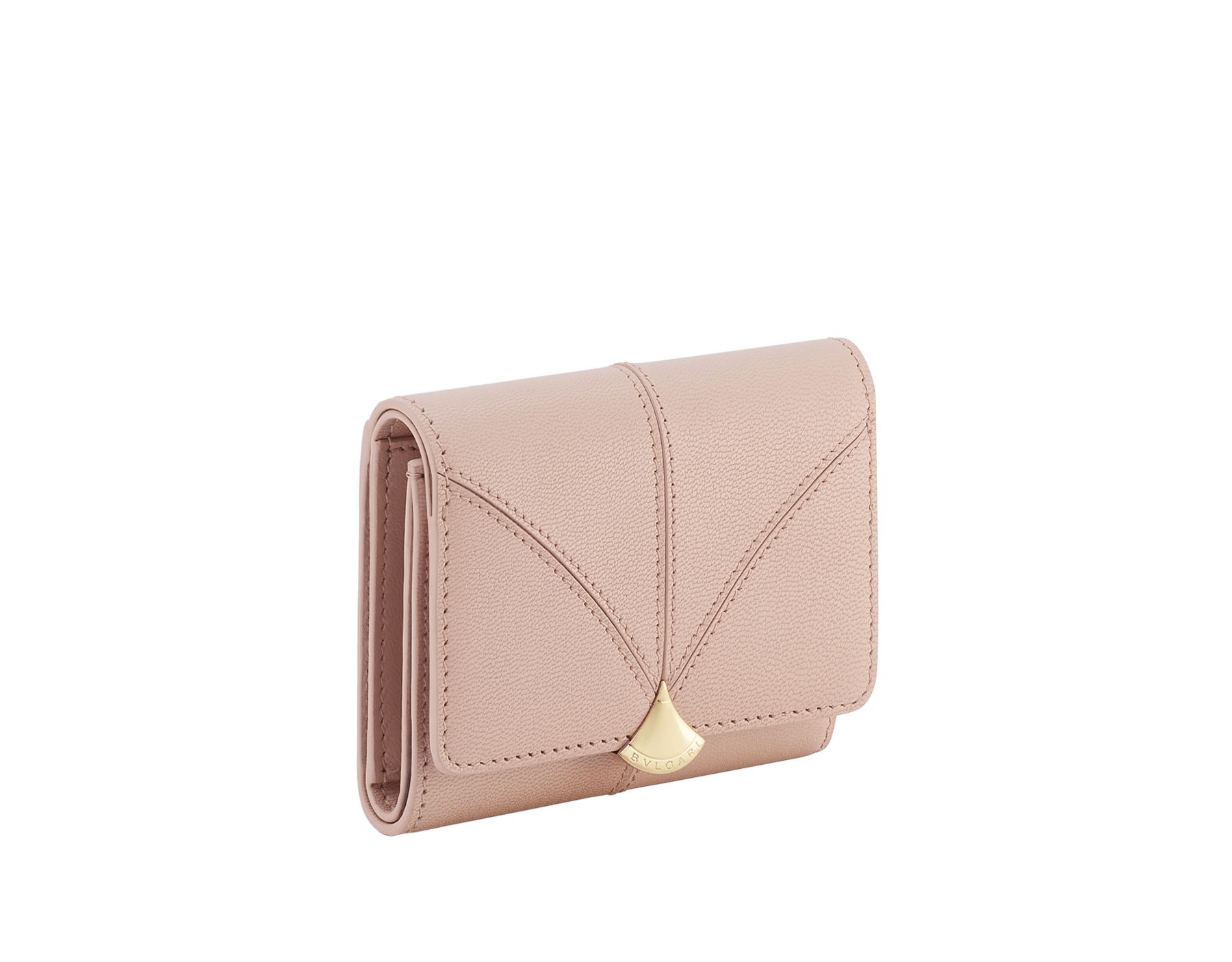 Portafoglio compatto Divas' Dream in pelle di capra rosa chiaro con interno in nappa rosa cristallo. Iconica chiusura con bottone a pressione in ottone placcato oro. DIVA-SLIMCOMPACT image 1