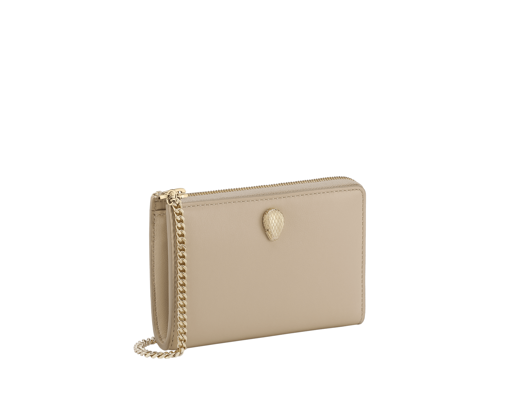 Serpenti Forever zipped card holder in bright travertine ivory calf leather with moonrock light grey and aquamarine nappa leather interior. Captivating snakehead rivet in light gold-plated brass embellished with red enamel eyes. SEA-MC-CCHOLDS image 1