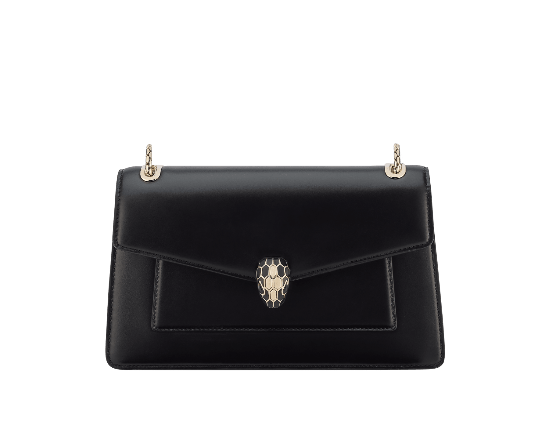 Serpenti Forever medium shoulder bag in black calf leather with black nappa leather lining. Captivating snakehead magnetic closure in light gold-plated brass embellished with beige noisette enamel and light gold-plated brass scales, and black onyx eyes. SEA-001-1344M image 1