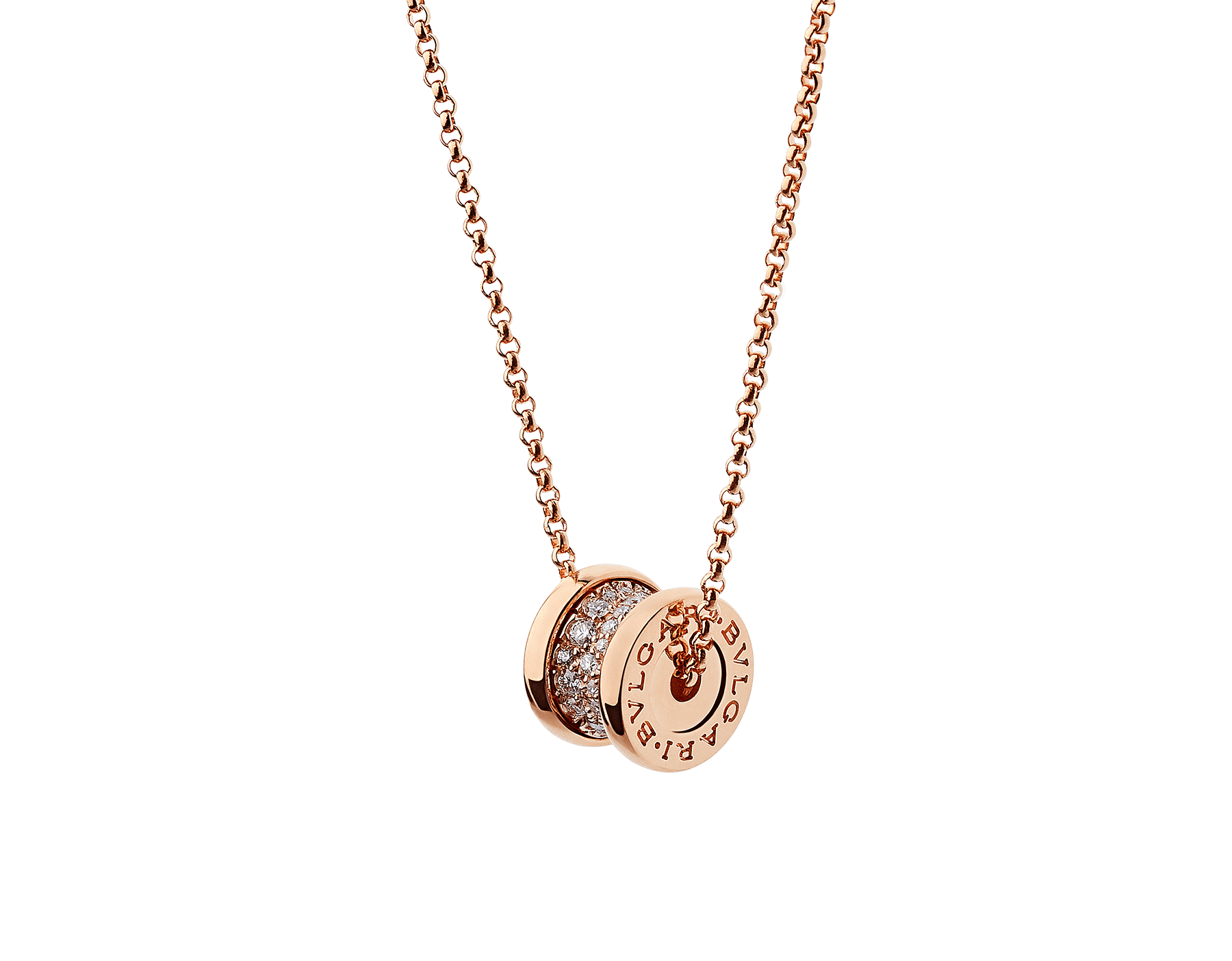 高貴なパヴェダイヤモンドをあしらった象徴的な螺旋（らせん）にピンクゴールド製チェーンを通したビー・ゼロワン ネックレス。その独特のデザインは、現代的なエレガンスと融合します。 351116 image 1