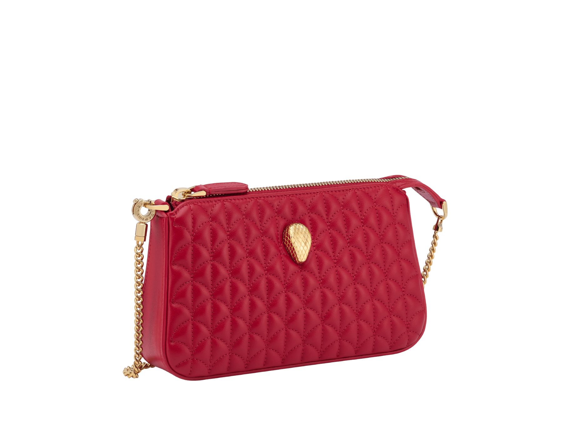 Serpenti Sugarloaf chain clutch in royal ruby Calla Matelassé calf leather with a quilted pattern, royal ruby nappa leather lining and a zipped closure. Captivating snakehead rivet in gold-plated brass. SSL-CHAINCLUTCH image 1