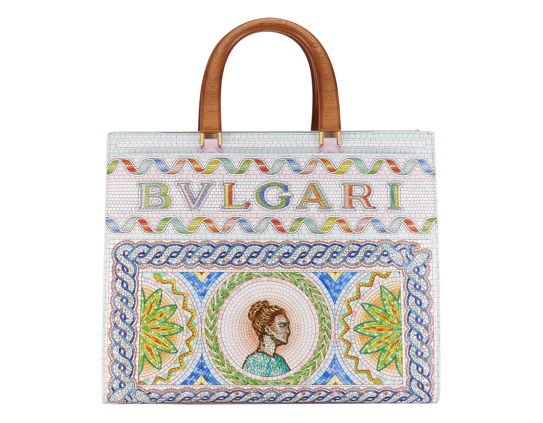 Casablanca x Bulgari large tote bag in soft grain printed calf leather featuring a Roman mosaic pattern, with dusty pink calf leather sides and dusty pink grosgrain lining. Iconic multicolour Bulgari decorative logo, gold-plated brass hardware and magnetic closure. 292416 image 1