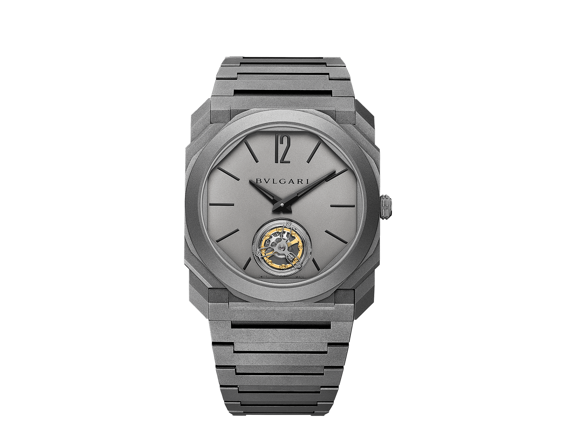Octo Finissimo Tourbillon watch with mechanical manufacture movement, flying see-through tourbillon, manual winding, sandblasted titanium ultra-thin case, dial and bracelet 103016 image 1
