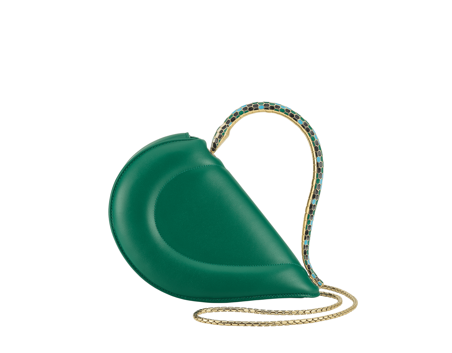 Sac à main Serpenti Cuore 1968 en cuir de veau couleur blanc perlé avec doublure en cuir nappa couleur blanc perlé. Captivante poignée supérieure en forme de serpent en laiton doré, ornée d'écailles en émail couleur blanc perlé et noir et d'yeux en zircones. Fermoir à bouton-pression. SRN-001-1367S-r image 1