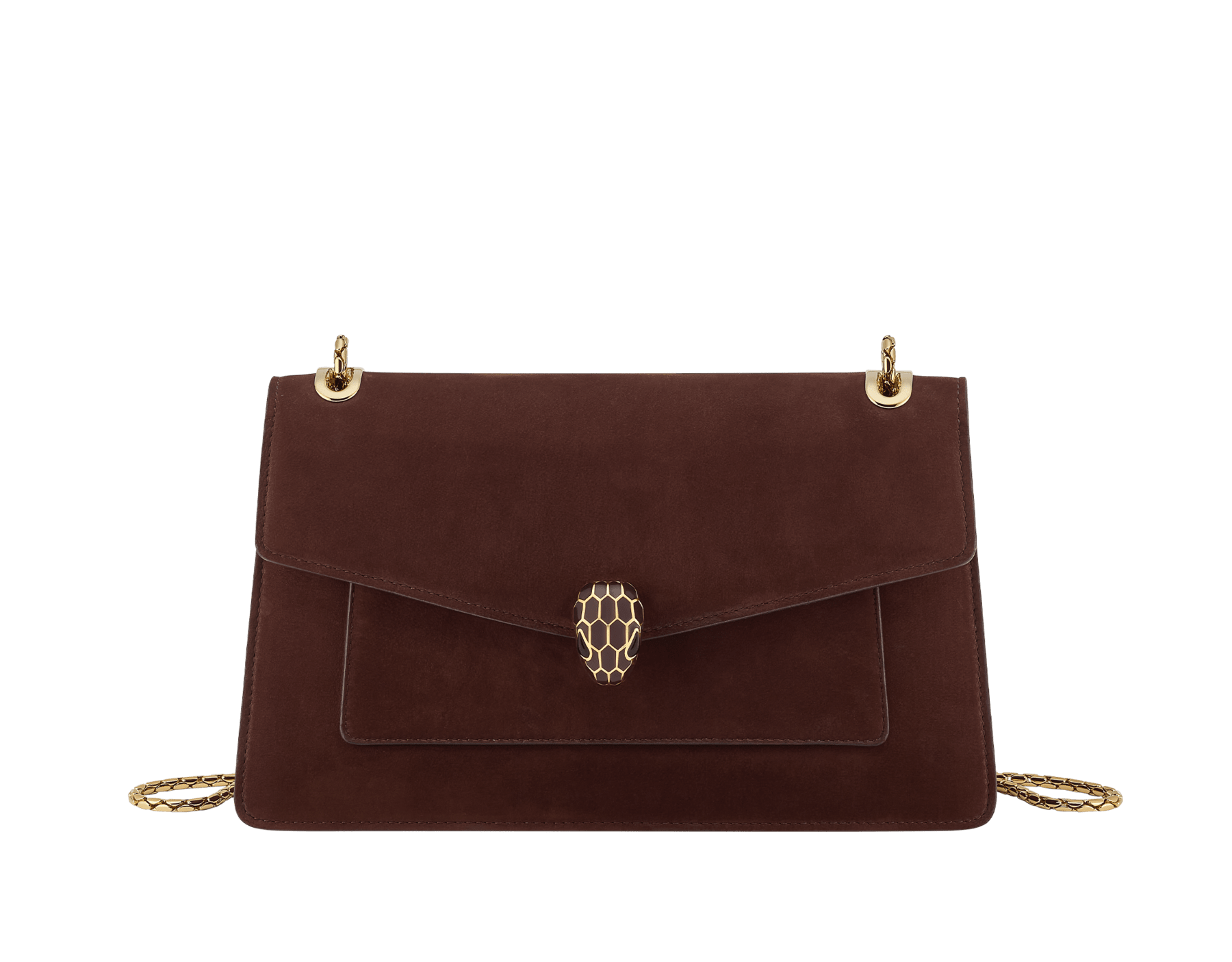 Borsa a spalla media Serpenti Forever in nabuk marrone castagna con fodera in nappa marrone castagna. Accattivante chiusura magnetica Serpenti in ottone placcato oro con squame in smalto marrone castagna e occhi in onice nera. 295078 image 1