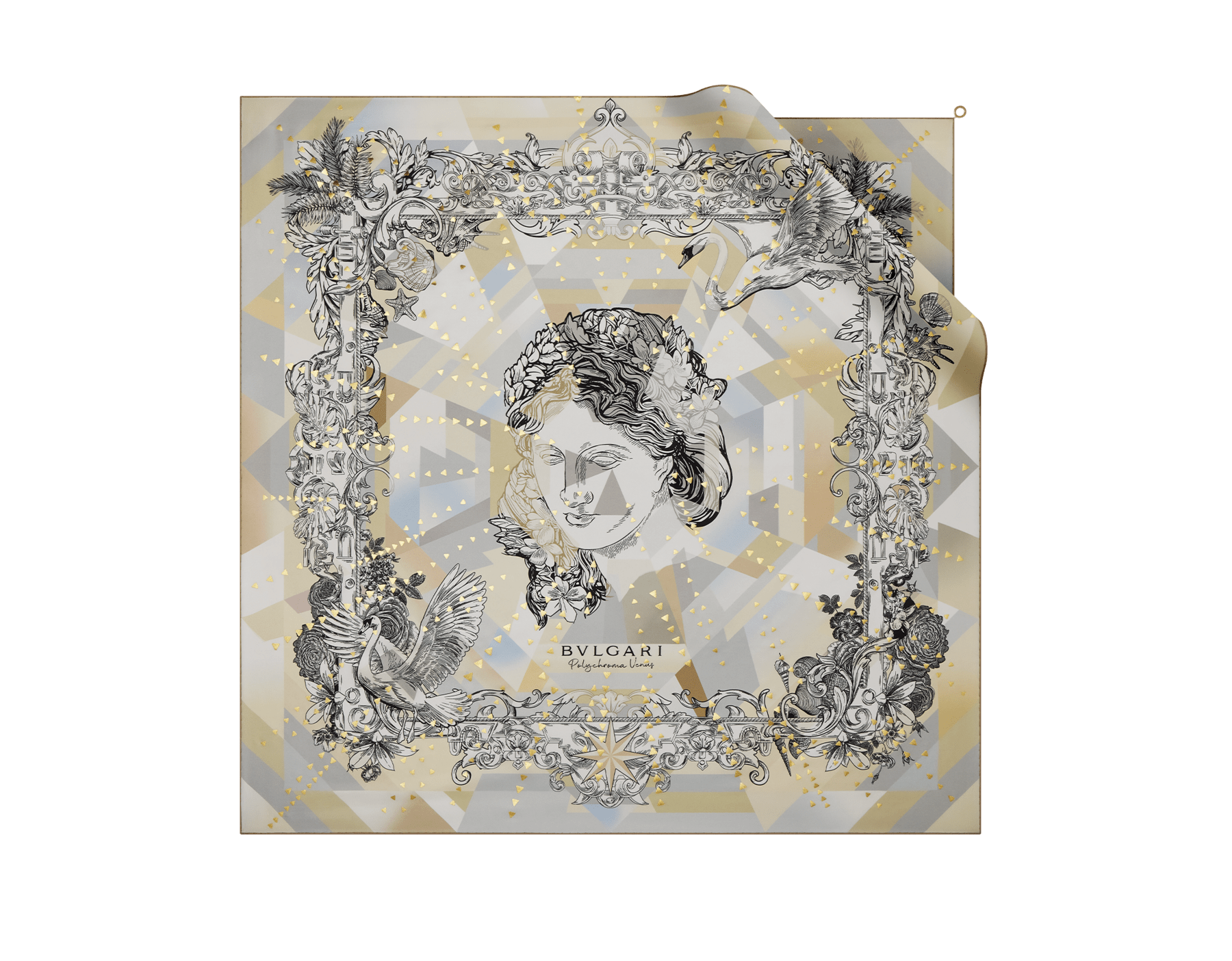 Polychroma Shine scarf in fine natural silk twill with a BVLGARI BVLGARI metal pendant. Made of 100% silk. POLYCHROMASHINE-SQ image 1