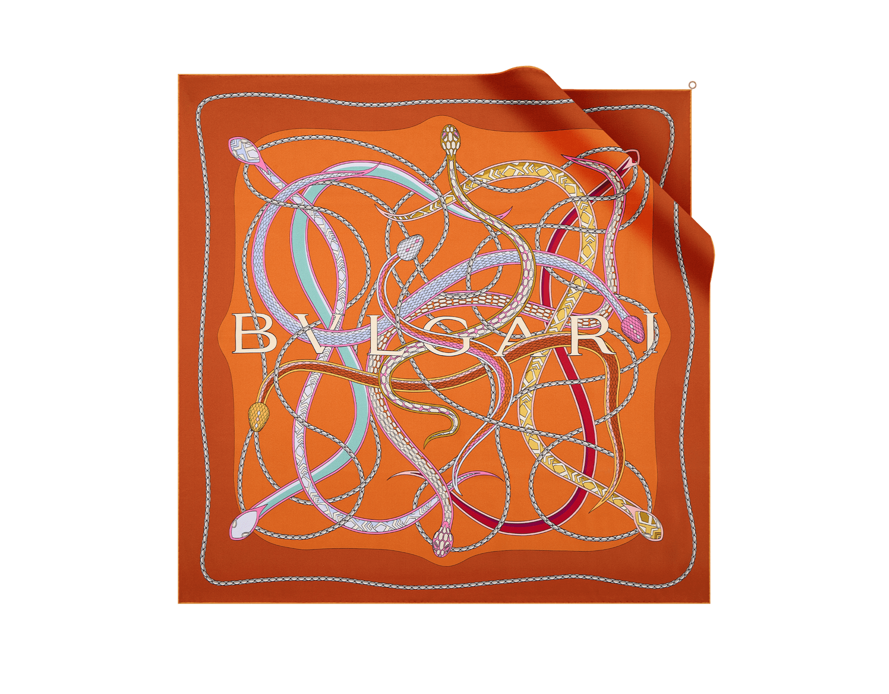 Serpenti 75 絲巾，採用上等灰色絲緞，飾以 BVLGARI BVLGARI 金屬吊墜。100% 純絲製成。 SERPENTI75NEW-SQ image 1