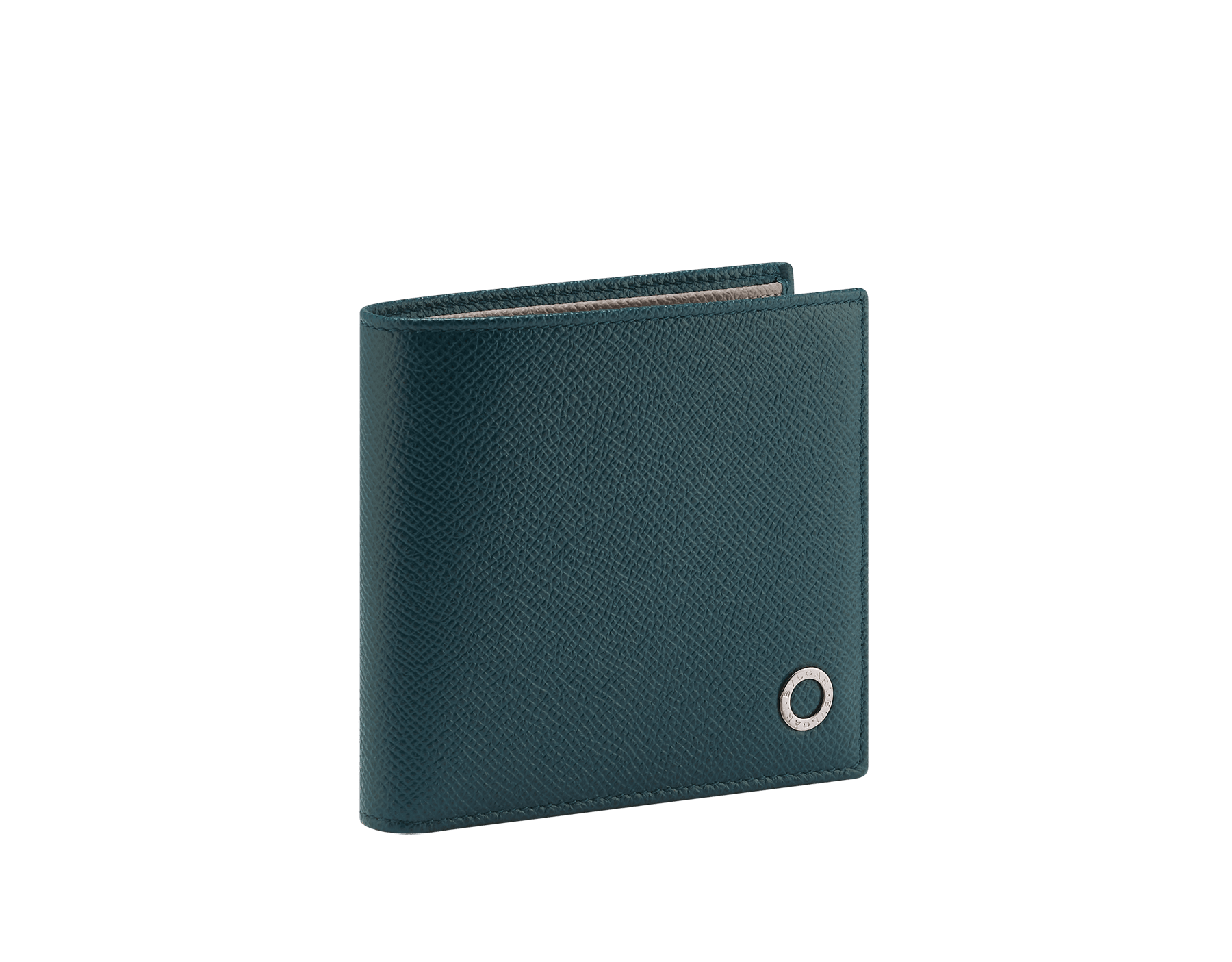 BULGARI BULGARI Man compact wallet in soft black full-grain calf leather with watercolour opal light blue nappa leather interior. Iconic palladium-plated brass embellishment with watercolour opal light blue enamel, and folded closure. BBM-WLT-ITAL-sgcla image 1