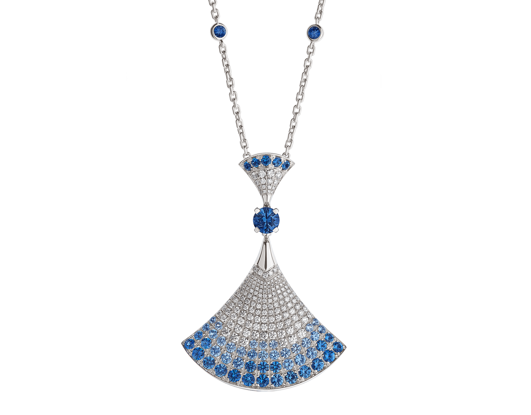 DIVAS' DREAM 18 kt white gold pendant necklace set with one central and other brilliant-cut sapphires (4.34 ct in total) as well as round (0.16 ct) and pavé (0.85 ct) diamonds. 358113 image 1