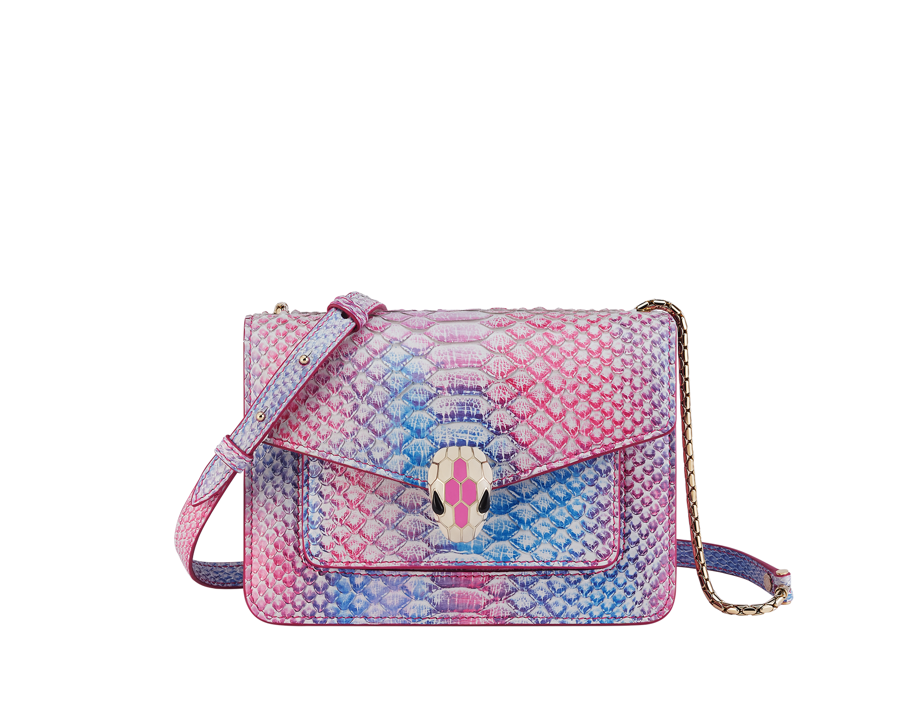 Serpenti Forever small crossbody bag in multicolour Spring Shade python skin with azalea quartz pink nappa leather lining. Captivating magnetic snakehead closure in light gold-plated brass embellished with ivory opal and azalea quartz pink enamel scales and black onyx eyes. 292138 image 1